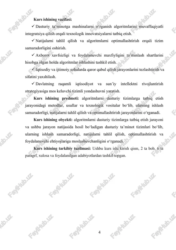 nalarni o‘rganish algoritmlarini muvaffaqiyatli integratsiya qilish orqali texnologik innovatsiyalarni tatbiq etish. · natijalarni tahlil qilish va algoritmlarni optimallashtirish orqali tizim samaradorligini oshirish. · axborot xavfsizligi va foydalanuvchi maxfiyligini ta’minlash shartlarini hisobga olgan holda algoritmlar ishlashini tashkil etish. · iqtisodiy va ijtimoiy sohalarda qaror qabul qilish jarayonlarini tezlashtirish va sifatini yaxshilash. · davlatning raqamli iqtisodiyot va sun’iy intellektni rivojlantirish strategiyasiga mos keluvchi tizimli yondashuvni yaratish. kurs ishining predmeti: algoritmlarni dasturiy tizimlarga tatbiq etish jarayonidagi metodlar, usullar va texnologik vositalar bo‘lib, ularning ishlash samaradorligi, natijalarni tahlil qilish va optimallashtirish jarayonlarini o‘rganadi. kurs ishining obyekti: algoritmlarni dasturiy tizimlarga tatbiq etish jarayoni va ushbu jarayon natijasida hosil bo‘ladigan dasturiy ta’minot tizimlari bo‘lib, ularning ishlash samaradorligi, natijalarni tahlil qilish, optimallashtirish va foydalanuvchi ehtiyojlariga moslashuvchanligini o‘rganadi. kurs ishining tarkibiy tuzilmasi: ushbu kurs ishi kirish qism, 2 ta bob, 6 ta paragrf, xulosa va foydalanilgan adabiyotlardan tashkil topgan. i.bob. nazariy qism.mashinalarni o‘rganish algoritm- larining dasturiy ta’minotdagi ahamiyati …