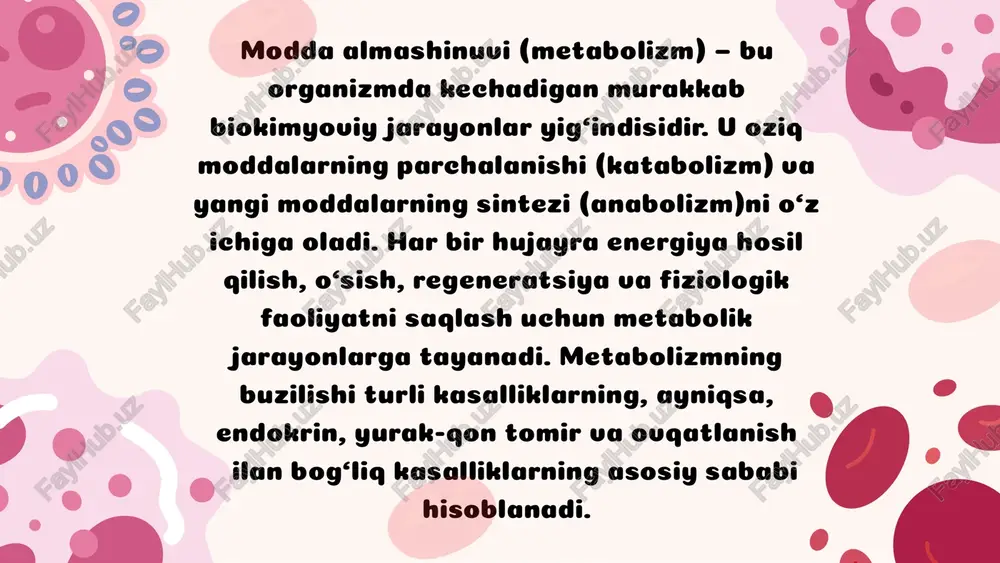uvining buzilish ko‘rinishlari va asoratlarining rivojlanish mexanizmlari oqsil almashinuvining buzilishi • insulin yetishmovchiligi tufayli oqsillar parchalanadi → katabolizm ustun bo‘ladi. • mushak massasi kamayadi, yara bitishi sekinlashadi. asoratlarning rivojlanish mexanizmlari 1.mikroangiopatiyalar – kichik tomirlarning shikastlanishi. ko‘z, buyrak va asablarda namoyon bo‘ladi. 2.nefropatiya – buyrak glomerulalarining shikastlanishi, oqsil siydikka chiqadi (proteinuriya). 3.retinopatiya – ko‘z to‘r pardasida qon tomirlar buzilishi natijasida ko‘rish yomonlashadi. 4.neyropatiya – periferik asab tolalarining shikastlanishi. 5.makroangiopatiyalar – yurak va katta tomirlarning aterosklerotik o‘zgarishlari, infarkt xavfi oshadi. 3. diabetik koma turlari va ularning patogenezi ketoatsidotik koma patogenezi • insulin yetishmovchiligi → yog‘lar parchalanadi → keton tanachalari ortadi → qon ph kamayadi → metabolik asidoz. • na⁺, k⁺, suv yo‘qotilishi → dehidratatsiya va elektrolit disbalansi. • o‘tkir og‘ir holat – nafas chuqurlashadi (kussmaul nafas), og‘izdan aseton hidi keladi. gipoglikemik koma • insulin ortiqcha yuborilishi yoki ovqat qabul qilmaslik sababli glyukoza pasayadi. • miya glyukozaga sezgir bo‘lgani uchun neyronlar ishi to‘xtaydi …