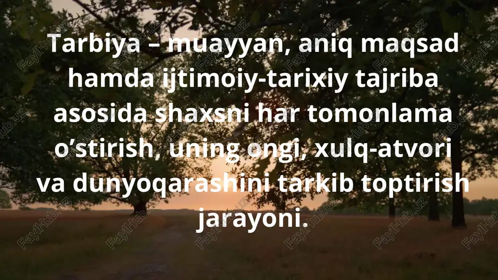 lq esa, kishida o‘z-o‘zidan paydo bo‘lmaydi. ularning shakllanishi uchun ma’lum bir sharoit, tarbiya kerak. abdurahmon jomiy, avvalo, tarbiya haqida fikr yuritar ekan, har bir narsani ham parvarish etsa, undan yaxshi natija chiqishini, insonni ham yaxshi tarbiya etsa, u barkamol bo‘lishini alohida ta’kidlaydi. eʼtiboringiz uchun rahmat!