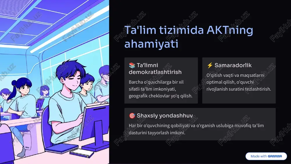 kelajakka qaraj raqamli o'rganish ko'nikmalari ta'limning mukammal qismi bo'lib qolinadi. d birgalikda rivojlanish o'qituvchilar, o'quvchilar va jamiyat aktning to'g'ri qo'llanilishiga mos qo'shil-lashishlari kerak. rahmat tinglash uchun! savol va takliflaringizni esitishga tayyorman. https://gamma.app/?utm_source=made-with-gamma