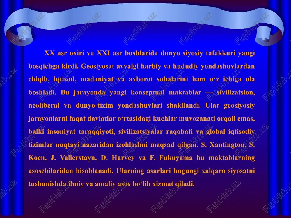 rdi. raqobat faqat harbiy yoki iqtisodiy sohalarda emas, balki texnologik ustunlik, axborot maydoni va sun’iy intellekt sohasida ham kechmoqda. shuningdek, energetika resurslari, suv zaxiralari va logistika yo‘llari ustidan nazorat uchun kurash kuchaymoqda. yangi davr geosiyosati davlatlarning strategik ittifoqlari, regional integratsiyalar va global siyosiy barqarorlikka ta’sir ko‘rsatuvchi omillar bilan belgilanmoqda. zamonaviy geosiyosatda texnologiya va axborot resurslari strategik qudratning asosiy omiliga aylangan. axborot oqimlarini boshqarish, sun’iy intellekt va kibermakon ustidan nazorat qilish global raqobatning yangi frontini yaratmoqda. raqamli iqtisodiyot, kiberxavfsizlik va sun’iy intellektga asoslangan boshqaruv tizimlari har bir davlat uchun geosiyosiy ustunlik manbai sifatida qaraladi. aqsh va xitoy o‘rtasidagi texnologik raqobat, ayniqsa 5g, kosmik dasturlar va chip ishlab chiqarish sohasida keskinlashgan. shuningdek, axborot urushlari va dezinformatsiya kampaniyalari siyosiy qarorlar, saylovlar hamda jamoatchilik fikriga ta’sir ko‘rsatishda muhim rol o‘ynamoqda. shu bois, xxi asr geosiyosati texnologik mustaqillik va axborot suverenitetini ta’minlash bilan chambarchas bog‘liq. energetika masalalari xxi asr geosiyosatining eng muhim yo‘nalishlaridan biri bo‘lib …
