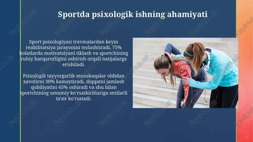 qlanadi. sport diagnostikasi musobaqa oldidan stress darajasini o'lchash imkonini beradi. 'sport achievement motivation test' (samt) kabi vositalar sportchining ichki motivatsiyasini 36 ta savol orqali baholaydi. sportdagi ruhiy zo'riqishning oldini olish sportchilarda ruhiy zo'riqishning oldini olish uchun individual rejalarni ishlab chiqish zarur, bunda sportchining xususiyatlari, sport turi va stress omillari hisobga olinadi (10-20% effekt). muntazam psixologik mashqlar (masalan, meditatsiya, nafas olish texnikalari) stressni kamaytiradi va musobaqalarga tayyorgarlikni optimallashtiradi, samaradorlik 25-35% gacha oshishi mumkin. jarohatdan keyin tiklanishning psixologik aspektlari sportchining shaxsiy xususiyatlari, ijtimoiy qo'llab-quvvatlash va shikastlanishning og'irligi 0 dan 100 gacha bo'lgan stressni yengish qobiliyatiga ta'sir qilishi mumkin. shikastlanishdan so'ng, sportchilar qayg'u, g'azab va tushkunlik kabi bir qator his-tuyg'ularni boshdan kechiradilar, bu esa tiklanishni 10 dan 50 foizgacha sekinlashtirishi mumkin. yosh sportchilar bilan ishlashning xususiyatlari yosh sportchilar bilan ishlashda, 12-16 yosh oralig'ida, motivatsiyani saqlash muhim, chunki ularning e'tiborini bir joyga jamlash qiyin bo'lishi mumkin. o'smirlar bilan ishlashda, 14-18 yosh oralig'ida, tana o'zgarishlariga …