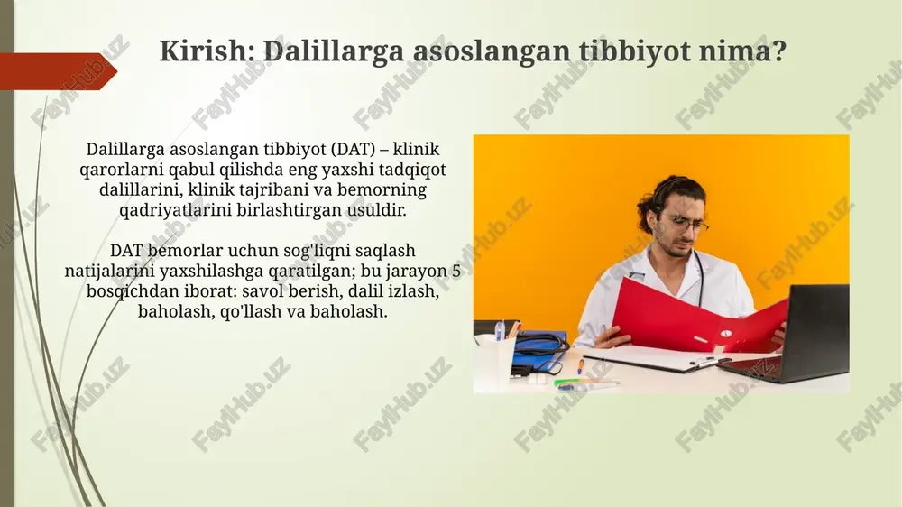 i oʻz ichiga oladi. grade tizimi klinik tavsiyalarning sifatini baholashda muhim rol oʻynaydi, natijalarning ishonchliligini 4 daraja (yuqori, oʻrta, past, juda past) orqali aniqlaydi. dalillarni klinik amaliyotga tatbiq etish muammolari klinik ko'rsatmalarga rioya qilish 50% dan 70% gacha o'zgarib turadi, sababi ularni amaliyotga joriy etishdagi qiyinchiliklar va doktorlarning qarshiligi. davolash xarajatlari 20% gacha oshishi mumkin, sababi yangi dalillarni qo'llash qimmatroq diagnostika va davolash usullarini talab qilishi mumkin. dalillarga asoslangan tibbiyotning afzalliklari va kamchiliklari dalillarga asoslangan tibbiyot (dat) natijalarni yaxshilaydi: 30% gacha samaradorlik oshishi kuzatilgan, ayniqsa, yurak-qon tomir kasalliklarida diagnostika aniqligi ortadi. dat xarajatlarni kamaytirishi mumkin, ammo, yangi texnologiyalarga investitsiyalar bilan bog'liq dastlabki xarajatlar 15% ga ko'payishi mumkin, o'rtacha hisobda. xulosa: tibbiy amaliyotda dalillarga asoslangan tibbiyotning roli dalillarga asoslangan tibbiyot, 1990-yillarda rivojlanib, klinik qarorlarni tadqiqot natijalari bilan birlashtiradi va 70% gacha diagnostika aniqligini oshiradi. meta-tahlil va cochrane kutubxonasi kabi resurslar 500 dan ortiq randomizatsiyalangan klinik tadqiqotlar natijalarini jamlab, samarali davolash usullarini …