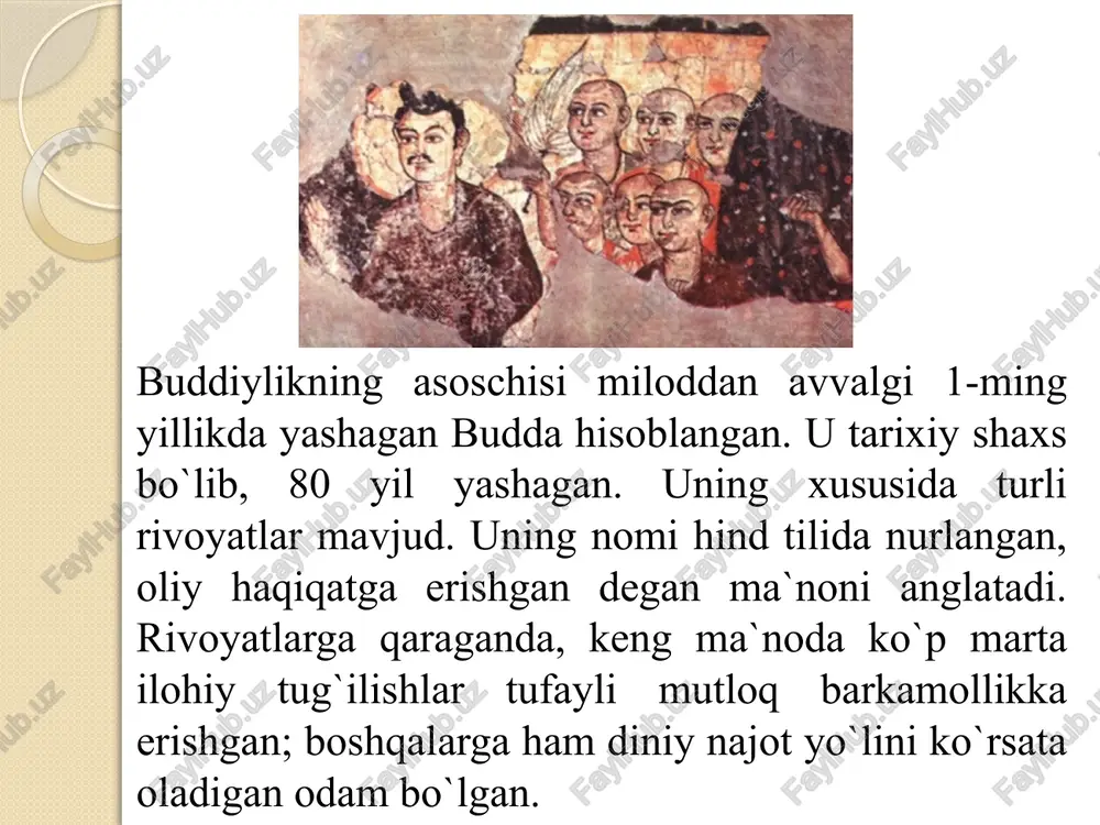 erilgan. hozirgi kunda buddaning beshta biografiyasi ma’lum: «maxavostu» – milodning ii asrida yozilgan, «lalitavistara» – milodning ii–iii asrlarida yuzaga kelgan, «buddaxacharita» – budda faylasuflaridan biri ashvagxoshey tomonidan milodning i–ii asrlarida yaratilgan, «nidanakatxa» – milodning i asrida yozilgan va «abnixishkramansutra». buddaviylik hisobiga ko‘ra esa, butama – budda mil. av. 623- yilda tug‘ilib, 544-yilda vafot etgan. siddxartxa shakya qabilasining podshohlaridan biri shuddxodananing o‘g‘li bo‘lgan. uning saroyi himolay tog‘lari etagida kapilavasti degan qishloqda bo‘lgan (hozirda nepal hududida). onasi – malika mayya. podshoh o‘z o‘g‘lini orzu havaslar og‘ushida tarbiyalab, uni hech bir kamchiliksiz katta qiladi. siddxartxa ulg‘ayib qo‘shni podshohlardan birining qizi yashadxaraga uylanadi va o‘g‘il ko‘rib, unga raxula deb ism qo‘yadi. buddaning hayoti haqida turli afsonalar ham mavjud. bu afsonalarda aytilishicha, budda ko‘p yillar davomida yer yuzidagi turli qiyofada qayta tug‘ilgan: 84 marta ruhoniy, 58 marta podshoh, 24 marta rohib, 13 marta savdogar, 18 marta maymun, 12 marta tovuq, 8 marta g‘oz, 6 marta …