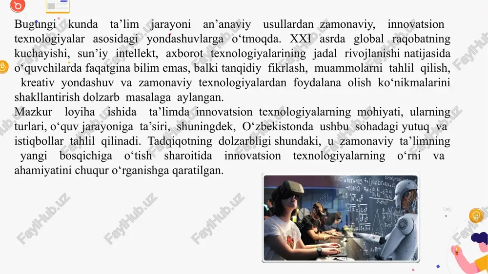 m jarayonini yanada samarali, interaktiv va o‘quvchi uchun qiziqarli shaklda tashkil etishga qaratilgan ilg‘or pedagogik va axborot-texnologik yondashuvlar majmuasidir. ular an’anaviy ta’limdan farqli o‘laroq, o‘quvchilarning mustaqil fikrlashini, ijodkorligini va faol ishtirokini rag‘batlantiradi. bugungi globallashuv va raqamli transformatsiya davrida innovatsion texnologiyalardan foydalanish ta’lim jarayonining ajralmas qismiga aylanmoqda. ular nafaqat bilim berish uslubini, balki o‘qituvchi va o‘quvchi o‘rtasidagi munosabatlarni, baholash tizimini, darslarning shakl va mazmunini tubdan o‘zgartirmoqda. bugungi globallashuv va raqamli transformatsiya davrida ta’lim sohasi jadal sur’atlar bilan rivojlanmoqda. har bir davlatning taraqqiyoti, xalqaro maydondagi raqobatbardoshligi avvalo ta’lim sifatiga bog‘liq. shu nuqtayi nazardan, innovatsion texnologiyalarni ta’lim jarayoniga keng joriy etish — dolzarb, zarur va strategik ahamiyatga ega masaladir. zamonaviy ta’lim tushunchasi endi faqatgina bilim berish bilan cheklanmaydi. u shaxsning fikrlash doirasini kengaytirish, ijtimoiy faolligini oshirish, kasbiy va axloqiy jihatdan yetuk insonni shakllantirishga yo‘naltirilgan. bu jarayonda innovatsion yondashuvlar, axborot-kommunikatsiya texnologiyalari, masofaviy ta’lim, loyiha asosidagi o‘qitish va gamifikatsiya kabi metodlar o‘zining samaradorligini namoyon qilmoqda. …