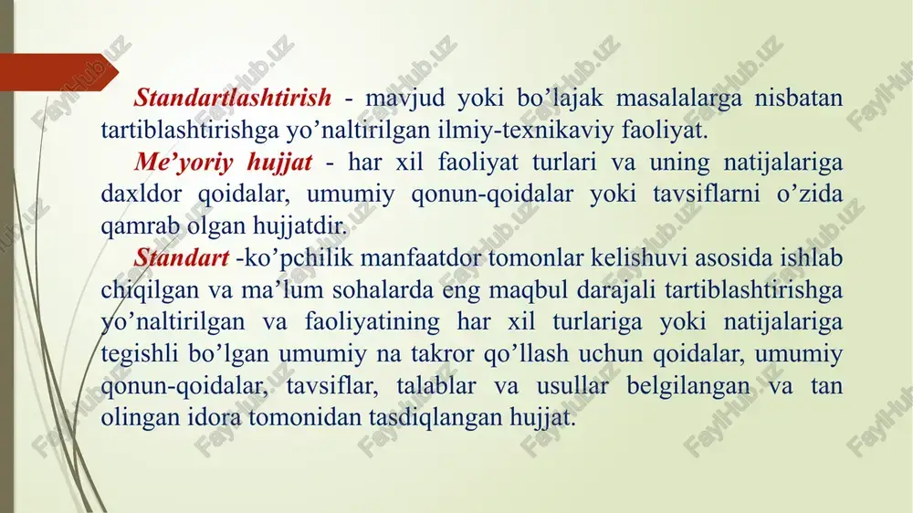 irish sohasi - oʼzaro bogʼlangan standartlashtirish obʼektlari majmuidir. xavfsizlik - zarar yetkazishi mumkin boʼlgan nojoʼya xavf-xatarning yoʼqligidir. atrof-muhitni muhofaza qilish - atrof-muhitni mahsulotlar, jarayonlar va xizmatlarning noqulay taʼsiridan himoya qilish demakdir. mahsulotni himoya qilish - mahsulotdan foydalanish, transportda tashish va saqlash vaqtida uni iqlim yoki boshqa noqulay sharoitlar taʼsir qilishidan saqlashdir. moslashuvchanlik - mahsulotlar, jarayonlar yoki xizmatlarning oʼzaro nomaqbul taʼsir koʼrsatmaydigan tarzda birgalikda, topshiriqdagi sharoitlarda belgilangan talablarni bajarish uchun foydalanishga yaroqliligi demakdir. oʼzaro almashinuvchanlik - bir xil talablarni bajarish maqsadida bir xil buyum, jarayon, xizmatdan foydalanish oʼrniga boshqa bir xil buyum, jarayon, xizmatning yaroqliligidir. bir turdagi mahsulotlar turkumi deb mahsulotning funktsional yoʼnaltirilganligi, qoʼllanish sohasi, konstruktiv-texnologik yechimi va asosiy sifat koʼrsatkichlarining nomlarini bildiradigan eng katta darajadagi yigʼindisiga aytiladi. xalqaro standartlashtirnsh - barcha mamlakatlarning tegishli idoralari erkin holda ishtirok etishi mumkin boʼlgan standartlashtirishdir. mintaqaviy standartlashtirish - ishtirok etishi dunyodagi faqat bitta geografik yoki iqtisodiy regionga qarashli mamlakatning tegishli idoralari uchungina ochiq boʼlgan …