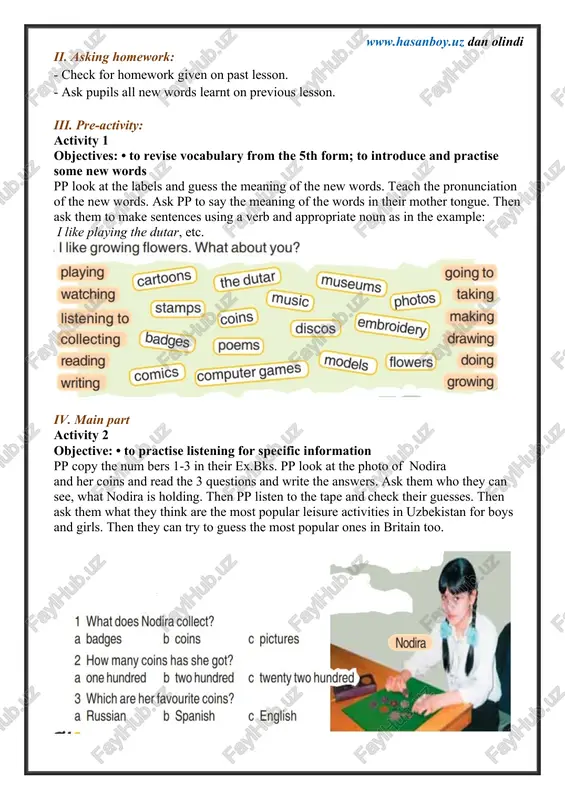 ritain and uzbekistan divide pp into groups. pp ask and answer about their favourite activities. they should make a note of the most popular five activities in their group. when groups are ready ask each group to report and keep a note on the bb of the most popular activities in the class. vi. homework write six sentences about your class.use information from activity 4. e.g. in our class the most popular indoor activity for boys is ... vii. evaluation. giving marks siz istagan mavzuda namunaviy dars ishlanmaga buyurtma berishingiz mumkin. biz bilan bog’lanish +998911800985 telegram raqami, @hasanboy_uz ga xabar yuboring. narxi 10 ming so’m to’lov payme yoki click orqali bog’lanish faqat telegram orqali. telefon qilinganda yoki sms yozilganda javob bermasligim ehtimoli yuqori image4.png image5.png image6.png image7.png image8.png image9.png image10.png image11.png image12.png image13.png image14.png image15.png image16.png image1.jpeg image2.jpeg image3.png