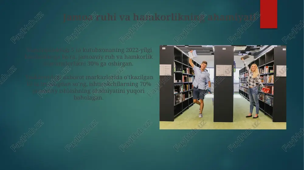 2 ta yirik kutubxonaning tajribasi shuni ko'rsatadiki, xodimlarni loyihalarga jalb qilish (masalan, yangi katalog yaratish) va ularning mutaxassisliklarini oshirish orqali motivatsiyani 15% ga oshirish mumkin. qiyinchiliklarni yengish va motivatsiyani saqlash toshkent shahridagi 3 ta yirik kutubxonada amaliyot o'tkazib, kutubxonachilarning 25% i yangi texnologiyalarni o'rganishga qiziqishini aniqladik, bu esa ularning professional rivojlanishi va motivatsiyasini oshirish uchun treninglar tashkil etish zarurligini ko'rsatadi. farg'ona viloyatidagi 10 ta kutubxonada ishlaydigan xodimlar bilan suhbatlar natijasida 80%i jamoaviy ishlarga faol jalb etilishini istaydi, bu esa jamoaviy loyihalar va hamkorlikni kuchaytirish orqali motivatsiyani saqlash mumkinligini ko'rsatadi. stressni boshqarish va motivatsiyaning pasayishiga yo'l qo'ymaslik andijon viloyatidagi 10 ta kutubxonada o'tkazilgan tajriba shuni ko'rsatdiki, jamoaviy tadbirlar va ochiq muloqotlar stressni 30% ga kamaytirib, xodimlar motivatsiyasini oshirgan. samarqanddagi kutubxonada o'tkazilgan so'rovnoma natijalariga ko'ra, xodimlar orasida stress darajasi 70% ga yetgan bo'lib, buning oldini olish uchun 5 ta stressni boshqarish texnikasini qo'llash tavsiya etiladi. kutubxona-axborot faoliyatini boshqarishda motivatsiyaning ahamiyati motivatsion dasturlar, …
