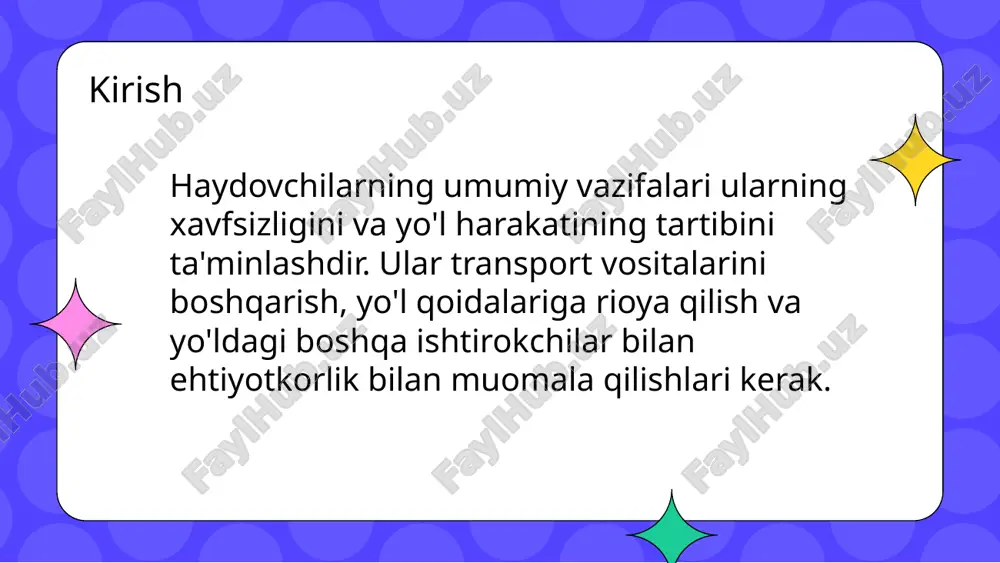 arining holatini nazorat qilishlari zarur. nag'rizliklar va muammolarni tuzatish ilgarilashga yordam beradi. xavfsizlik qoidalariga rioya qilish haydovchilar transport xavfsizligi uchun xavfsizlik qoidalariga rioya qilishlari zarur. bu qoidalar yo'l harakati jarayonida halokat va jarohatlarning oldini oladi. har bir haydovchi o'zining va boshqalarning xavfsizligini ta'minlash uchun mas'uliyatli bo'lishi kerak. xulosa haydovchilarning umumiy vazifalari xavfsizlik, yo'l qoidalariga rioya qilish va piyodalar bilan ehtiyotkorlik bilan muomala qilishdan iborat. shuningdek, ularning vazifasiga transport vositasini to'g'ri boshqarish va yo'l harakatining holatini doimiy nazorat qilish kiradi. foydalanilgan adabiyotlar 1. abdullayev, a. haydovchilik va xavfsizlik. ma'naviyat, 2020. 2. karimov, s. avtomobil transportidagi haydovchilarning roli. toshkent davlat transport universiteti, 2021. 3. turaev, m. haydovchilarning ish faoliyati va uning samaradorligi. o'zbekiston respublikasining transport vazirligi, 2019. 4. rasulov, e. haydovchilarga oid muammolar va yechimlari. o'zbekiston milliy universiteti, 2022. 5. sodikov, o. transport va haydovchilik sohasidagi innovatsiyalar. o'zbekiston ilmiy akademosi, 2023. e'tiboringiz uchun rahmat image1.jpg image2.jpg image3.jpg image4.jpg image5.jpg