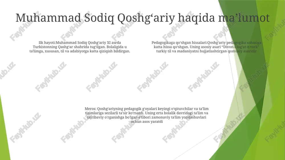 yning baholash usullari”da amaliy qo‘llash va turli usullardan, jumladan, viktorina, og‘zaki imtihon va o‘quvchilar faoliyatini kuzatishdan foydalanishga urg‘u berildi. 2: u uzluksiz baholashga ishonar ekan, o‘quvchilarning kundalik ishlari, topshiriqlari va sinf muhokamalarida qatnashishi asosida muntazam ravishda baholanishi kerakligini ta’kidladi. hamkorlik va jamoatchilik ishtiroki hamkorlikning ahamiyati: qoshgʻari bilim va ilgʻor tajriba almashishda oʻqituvchilar oʻrtasidagi hamkorlik muhimligini taʼkidladi. u jamoaviy bilim va tajriba talabalar uchun ta'lim natijalarini oshirishi mumkinligiga ishondi. jamiyat ishtiroki: qoʻshgʻariy jamiyatni taʼlimga faol jalb etish tarafdori edi. u hamjamiyat a'zolarini ta'lim tajribasini shakllantirish va talabalar va o'qituvchilarga yordam berishda sherik sifatida ko'rdi. jamiyatning o'rni: qo'shg'ariy jamiyat qulay ta'lim muhitini yaratishda muhim rol o'ynashini ta'kidladi. u qo'llab-quvvatlovchi va bilimli jamiyat talabalarning umumiy farovonligi va muvaffaqiyatiga hissa qo'shishi mumkinligiga ishondi. ta'lim amaliyotiga ta'siri ta'limning innovatsion usullari: u talabalarning tushunish va tanqidiy fikrlash qobiliyatlarini oshirish uchun hikoya qilish, rolli o'yinlar va interfaol muhokamalardan foydalanishni targ'ib qilgan. pedagogik tamoyillar: qo‘shg‘ariy amaliy tajriba va …