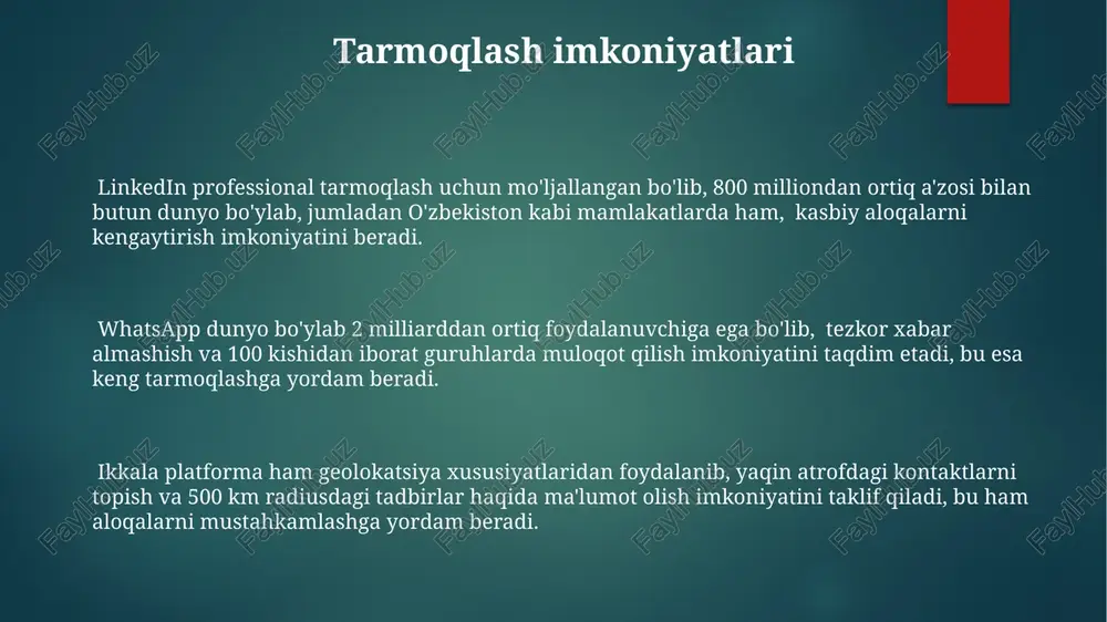 at qiladi, ammo whatsapp shaxsiy munosabatlarga, linkedin esa professional aloqalarga yo'naltirilgan, bu ularning asosiy farqidir. whatsapp dunyo bo'ylab 2 milliarddan ortiq foydalanuvchiga ega bo'lib, asosan shaxsiy aloqa uchun, tezkor xabar almashish va 256 kishigacha bo'lgan guruhlarda muloqot qilish imkoniyatini taqdim etadi. aloqa vositalari sifatida whatsapp va linkedin ikki platformaning ham mobil ilovalari mavjud bo'lib, ular 100 dan ortiq tilni qo'llab-quvvatlaydi, biroq whatsapp shaxsiy muloqotga, linkedin esa professional munosabatlarga yo'naltirilgan. whatsapp asosan nodavlat sektorida keng qo'llaniladi, masalan, o'zbekistonning toshkent shahridagi kichik bizneslar o'z mijozlari bilan aloqa qilish uchun whatsapp dan foydalanishadi. linkedin esa asosan korporativ sektorga yo'naltirilgan. whatsapp dunyo bo'ylab 2 milliarddan ortiq foydalanuvchiga ega bo'lib, tezkor xabar almashish va ovozli qo'ng'iroqlar orqali shaxsiy aloqalarni o'rnatish imkonini beradi, linkedin esa professional tarmoqlashuvga 770 milliondan ortiq a'zo bilan xizmat qiladi. whatsapp'ning funksiyalari va xususiyatlari whatsapp'ning 256 kishigacha bo'lgan guruh suhbatlari yaratish imkoniyati mavjud bo'lib, bu orqali dunyoning istalgan burchagidan bo'lgan odamlar bilan …
