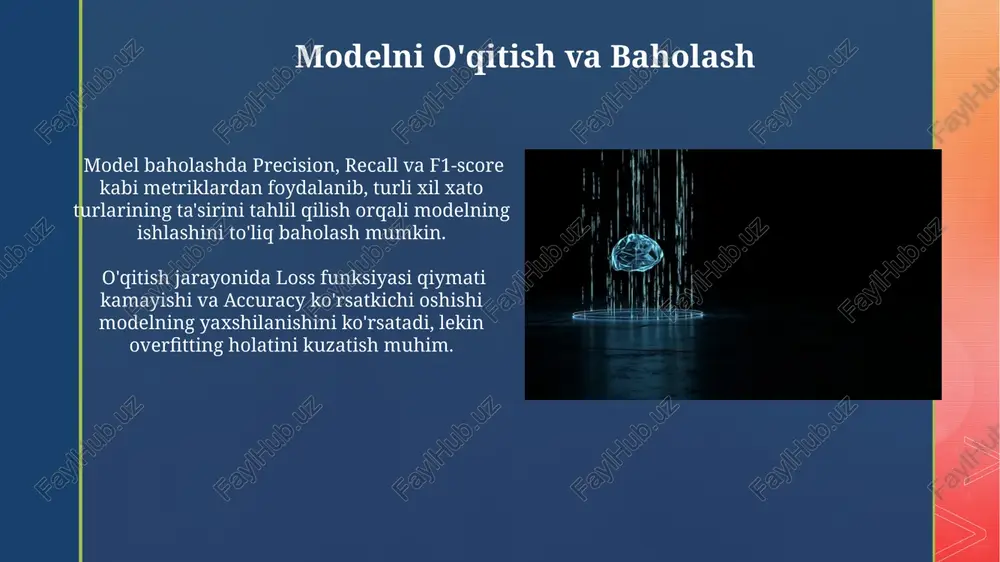 lga kelib, shaxsiylashtirilgan tibbiyotda chuqur o'rganish asosidagi diagnostika vositalarining ulushi 50% ga yetishi mumkin. regulyarizatsiya texnikalari l1 va l2 regulyarizatsiyasi kabi texnikalar modelning murakkabligini kamaytirish orqali ortiqcha moslashuvni (overfitting) oldini oladi, bu yerda l1 λ=0.1 va l2 λ=0.01 parametrlari qo'llanilishi mumkin. erta to'xtash (early stopping) metodi validatsiya to'plami xatoligiga asoslanib, mashg'ulotni ma'lum bir iteratsiyadan so'ng to'xtatadi, masalan, 100 iteratsiyadan so'ng eng yaxshi natijani aniqlashga yordam beradi. chuqur o'rganishga kirish chuqur o'rganishning samaradorligi, millionlab yoki milliardlab parametrlarga ega bo'lgan katta hajmdagi ma'lumotlar to'plamlari va kuchli hisoblash quvvatiga bog'liq. chuqur o'rganish, odatda 100 dan ortiq qatlamlarga ega bo'lgan sun'iy neyron tarmoqlari yordamida katta hajmdagi ma'lumotlarni tahlil qilish va murakkab naqshlarni aniqlashga imkon beradi. neyron tarmoqlari arxitekturasi neyron tarmoqlari arxitekturasida konvolyutsion tarmoqlar (cnn) tasvirlarni tahlil qilishda 2d konvolyutsiya yadrolari orqali xususiyatlarni aniqlashda yuqori samaradorlikka ega. transformer arxitekturasi, o'zaro diqqat mexanizmi yordamida, uzunligi 512 dan ortiq so'zlardan iborat ketma-ketliklarda o'zaro bog'liqliklarni samarali aniqlaydi va …