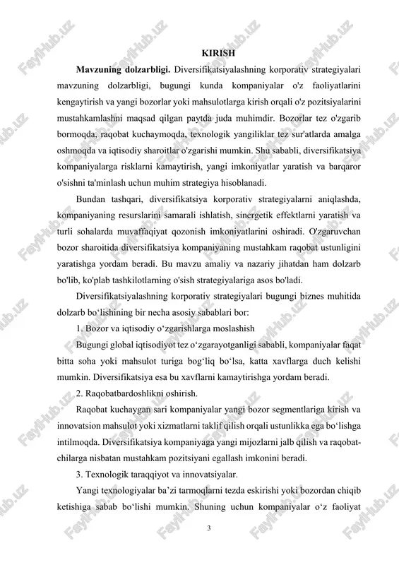 ini qanday oshirish mumkinligi tahlil etiladi. kurs ishi vazifalari: diversifikatsiya strategiyalarining korporativ boshqaruvdagi o'rnini, ahamiyatini va ularning kompaniyaning muvaffaqiyatiga ta'sirini chuqur tahlil qilishdan iborat. kurs ishi obyekti: diversifikatsiya strategiyasini amalga oshirayotgan korporatsiyalar va ularning biznes faoliyatidan iborat. ya'ni, diversifikatsiyaning turli shakllarini (vertikal, gorizontal, konglomerat) qo'llayotgan kompaniyalar va ularning bu strategiyalarni qanday amalga oshirayotganligi, bu jarayonda duch kelgan muvaffaqiyatlar va muammolarni o'rganishdan iborat. kurs ishi predmeti: diversifikatsiya strategiyalarining korporativ boshqaruvdagi amaliyoti, uning turli shakllari va ularni amalga oshirayotgan kompaniyalarning biznes faoliyati turlarini aniqlash va tahlil qilish. kurs ishi tuzilishi va hajmi: kirish, asosiy qism, umumiy xulosa, foydalanilgan adabiyotlar ro‘yxatidan iborat. 1.korporatsiyaning o‘sishi va rvojlanishi. ko‘pchilik kompaniyalar o‘z faoliyatlarini katta bo‘lmagan tor ixtisosli korxona sifatida maxalliy va xududiy bozorlarga xizmat ko‘rsatib boshlaydilar. boshlangich bosqichda mahsulot assortimenti katta bo‘lmaydi, o‘z mablag‘lari cheklangan, raqobat pozitsiyalari zaif bo‘ladi. ko‘p yosh kompaniyalar bozordagi ulushini oshirib va xaridorlar etiborini qozona borib, odatda sotuv xajmlarini oshirishga xarakat qiladilar. …
