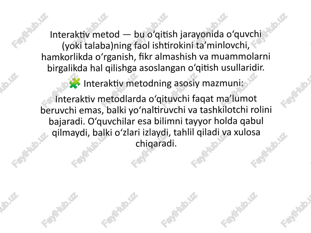 v o‘yin metodidir. o‘quvchilar bir-birining so‘ziga javoban yangi so‘z aytib, zanjir shaklida davom ettiradilar. o‘yin davomida ular o‘zaro muloqot, diqqat, tezkorlik va eslab qolish ko‘nikmalarini rivojlantiradilar. 🔹 metodning maqsadi: o‘quvchilarning so‘z boyligini oshirish; mantiqiy va tez fikrlashni rivojlantirish; dars jarayonini faol va qiziqarli qilish; mavzuga oid tushunchalarni mustahkamlash; o‘zaro hamkorlik va e’tiborni shakllantirish. 🔹 qo‘llanish bosqichlari: bosqich mazmuni 1. tayyorgarlik bosqichi o‘qituvchi mavzuga oid so‘zlar ro‘yxatini tayyorlaydi yoki o‘quvchilarga mavzu doirasida so‘z topishni topshiradi. 2. o‘yinni boshlash birinchi o‘quvchi bitta so‘z aytadi. keyingi o‘quvchi shu so‘zning oxirgi harfi bilan boshlanadigan yangi so‘z aytadi. 3. zanjirni davom ettirish o‘yin shu tartibda barcha o‘quvchilar ishtirokida davom etadi. zanjir uzilib qolsa, o‘yin qayta boshlanishi yoki boshqa mavzuga o‘tiladi. 4. xulosa va baholash o‘qituvchi eng faol, eng ko‘p so‘z aytgan yoki to‘g‘ri javob bergan o‘quvchini rag‘batlantiradi. e'tiboringiz uchun rahmat!
