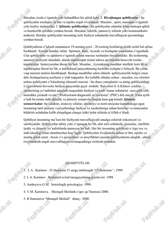 nisbatan “ o’ta aqilli “ yoki “ o’ta nodon” iboralari ham ishlatilmaydi, biz bu xususiyatlarni o’rtacha tasniflar doirasida ishlatamiz: “ falonchining o’g;li anchagina aqlli bo’libdi, nargisining farzandi esa biroz nodon bo’lib, ota-onasini kuydirayotgan emish” degan iboralar aslida “ aqillik” kotegoriyasi insonning yuragiga yaqin eng nozik sifatlariga aloqadorligini bildiradi. ba’zan o’ta iqtidorli va qobilyatli bola haqida gap ketsa, undagi bu sifat tug’ma ekanligiga ishora qilishadi. talantli, genial olim, san’atkor yoki mutaxasis haqida gap ketsa ham huddi shunday. umuman qobilyatlarning tug’ma yoki orttirilgan ekanligi masalasi ham olimlar diqqat markazida bo’lgan muammolarda. psixologiyada tug’malik alomatlari bor induvidual sifatlar layoqatlar deb yuritiladi va uning ikki xili farqlanadi: tabiiy layoqat va ijtimoiy layoqat. birinchisi odamdagi tug’ma xususiyatlardan- oliy nerv tizimi faoliyatining hususiyatlari, miyyaning yarim sharlarining qanday ishlashi, qo’l- oyoqlarning biolagik va fiziologik sifatlari, bilish jarayonlarini ta’minlovchi sezgi organlari- ko’z, quloq, burun, teri kabilarning hususiyatlaridan kelib chiqsa (bular nasliy ota-onadan genetik tarzda o’tadi) , ijtimoiy layoqat-bola …