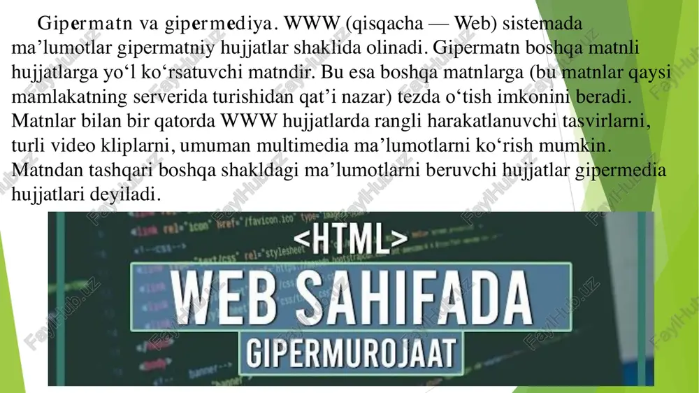 giperizohlar ham gipermatniy aloqalarning asosiy qismi hisoblanadi. giperaloqalarni turli obyektlar, hatto rasmlarning boʻlaklari orqali ham amalga oshirilishi mumkin. www asosiy konpentsiyalari. internet tushunchasiga oʻxshab world wide web muayyan maʼlumotlar resurslarini oʻzida jamlagan serverlar toʻplamidir. amalda www doimo oʻzgarishda, yangi-yangi www kontseptsiyalari bilan tanishish «dunyo oʻrgimchaklari»ni tushunish imkonini beradi. www loyihasi. www haqida to‘la maʼlumotlarni quyidagi manzil (ushbu manzil cern tadqiqot markazida yuzaga kelgan server www sahifasiga oʻtkazadi) html boʻyicha olib, unda www sistemasi haqida texnik axborotlar va boshqa koʻp maʼlumotlarni qurish mumkin. www serveri ro‘yxatida mavzular boʻyicha birlashgan guruhlar ro‘yxatini, mamlakatlar boʻyicha va axborot servisi turlari boʻyicha turli maʼlumotlar tanlanadi. u yerda www server va mijoz taʼminoti haqida maʼlumotlar ham olinadi. html tili. www sistemasidan qandaydir hujjat yoki xabar olsangiz, ekranda yaxshi formatlangan, oʻqish uchun qulay matn paydo boʻlganini koʻrasiz. bu www hujjatlarida qandaydir maʼlumotlarni ekranda boshqarish imkoniyati ham mavjud ekanini anglatadi. hujjatlar tayyor, siz foydalanuvchining qaysi kompyuterda ishlashini bilmaysiz, …