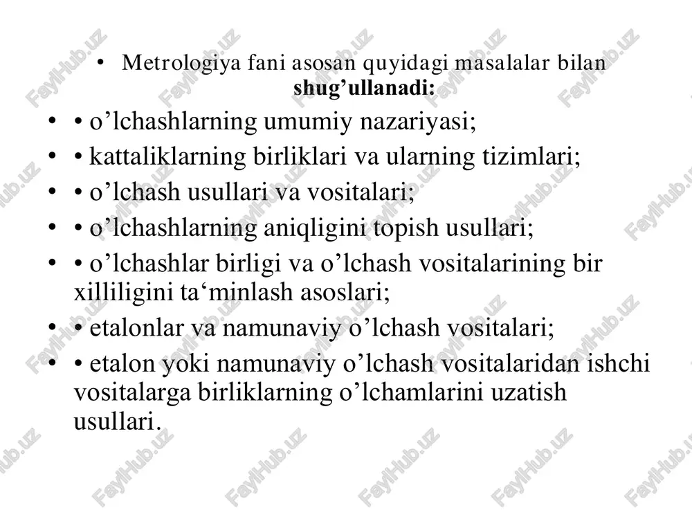 mkorlikda texnik to‘siqlarni bartaraf etish; • – metrologik faoliyat doirasidagi ishlarni xalqaro va hududiy darajalarda o‘zaro hamkorlik qilish va tan olishni ta’minlash; • – tadbirkorlik subyektlari darajasida o‘zo‘btt talablarini boshqa tizimlarning talablari bilan uyg‘unlashtirish. • metrologiya to‘g‘risida aniq va ravshan ko‘rsatib berilgan asosiy maqsadlardan kelib chiqqan holda, o‘zo‘btt uchun quyidagi vazifalar qo‘yilgan: • – milliy qoidalarni xalqaro qoidalar bilan uyg‘unlashtirish asosida davlatlararo munosabatlarning rivojlanishiga ko‘maklashish; • – o‘z o‘bttni xalq xo‘jaligining ajralmas qismi sifatida rivojlanishini bashorat qilish; • – o‘lchashlarning birliligini, talab etilgan aniqliligini, ishonchliligini ta’minlash asosida milliy iqtisodiyotning ilmiy va texnik imkoniyatlarini rivojlantirishda qatnashish, shuningdek, o‘lchashlar usullarini, o‘lchash vositalarini mukammallashtirish va ularning aniqligi, ish unumi va puxtaligini oshirishga ko‘maklashish. metrologiya o’z navbatida quyidagi bo’limlarga bo’linadi: nazariy metrologiya, amaliy metrologiya va qonunlashtiruvchi metrologiya. nazariy metrologiya – metrologiyaning fundamental asoslarini ishlab chiqish predmeti bo’lgan sohasidagi metrologiya bo’limi. amaliy metrologiya – nazariy metrologiya ishlanmalarini va qonunlashtiruvchi metrologiya qoidalarini amaliy qo’llanish masalalari bilan …