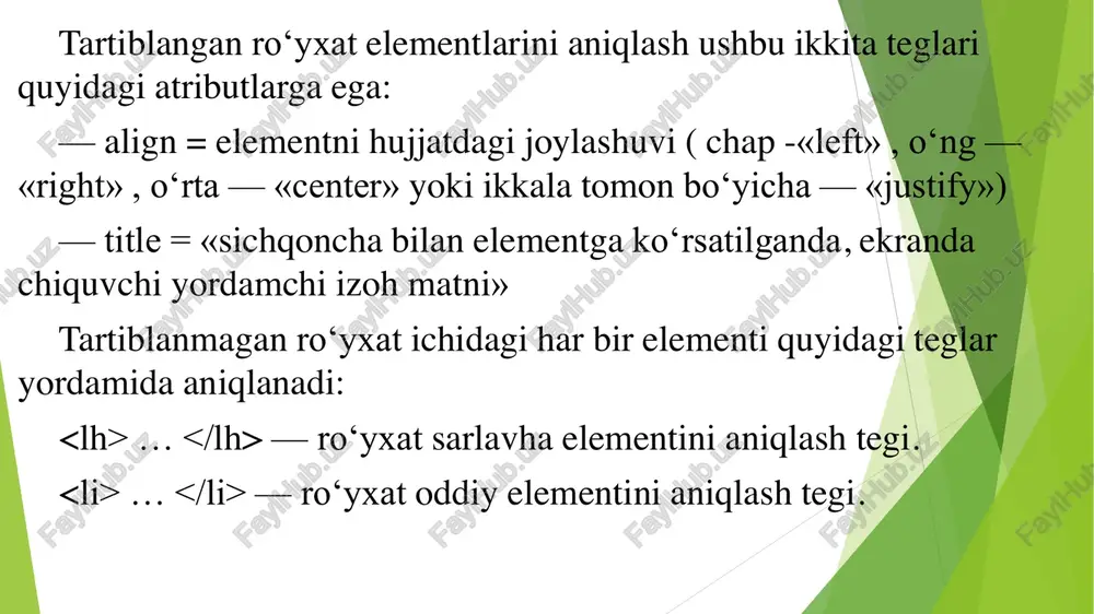 acheykalarning har birining uzunligi 30 pikseldan iborat boʻlsin, u holda jadval kengligi 100 piksel boʻlmasdan balki 120 piksel boʻladi. agar birorta yacheyka kengligi 30 pikseldan koʻp boʻlgan grafik tasvir joylashgan boʻlsa, u holda yacheykaning kengligi tasvir kengligiga mos ravishda kengayadi, buning natijasida esa butun jadvalning kengligi oshadi. bu imkoniyat shuning uchun yaratilgan, buning natijasida har bir yacheykadagi maʼlumot aniq va hech qanday yoʻqotishlarsiz toʻlaligicha tasvirlanadi. shuni eʼtiborga olish kerakki jadvalning ustunlarini oldindan aniqlash imkoniyati yoʻq. ustunlarni brauzerning oʻzi jadval satrlarini tahlil qilib aniqlaydi va jadvalni toʻlaligicha tasvirlaydi. endi biz jadval teglari bilan tanishishni boshlaymiz. jadval va uning tashkil etuvchi hamma elementlari va teglari orasida sarlavhasi esa va teglari orasida joylashtiriladi. jadvallarda bundan tashqari ustunlar guruhini va teglari yordamida aniqlash mumkin, hamda va teglar bilan mos ravishda jadvalning yuqorigi va pastgi sarlavhalarini (shapkalarini) tashkil qilish mumkin. satrlar guruhini esa tegi yordamida hosil qilamiz. shunday qilib jadval asosan yuqorida koʻrilgan teglardan tashkil …