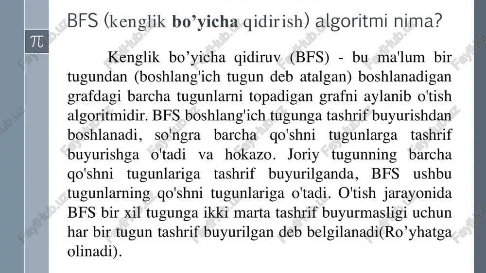 birinchi vertex bo’lgani uchun queue’ga qo’shilmaydi. a vertex’ga bog’langan ikki vertex bor – b va g. ularni queue’ga qo’shamiz va «ko’rilgan» qilib belgilaymiz. ularni qaysi tartibda qo’shishning ahamiyati yo’q. a ga bog’langan vertex’lar tekshirib bo’lingach, a vertex uchun ish yakunlanadi. queue’da birinchi b turgani uchun undan ish davom ettiriladi. b queue’dan o’chiriladi. b ning barcha bog’langan ko’rilmagan vertex’lari queue’ga qo’shiladi. b da bitta ko’rilmagan vertex – c queue’ga qo’shilgach, ko’rilgan qilib belgilanadi. b ishini tugatadi. queue’da g birinchi turgani uchun u queue’dan olinib, ish davom ettiriladi. g ning ikkita ko’rilmagan vertex’i bor: e va j. ular queue’ga qo’shiladi. g ishini tugatadi. queue’da birinchi turgan vertex – c dan ish davom ettiriladi. c da ko’rilmagan vertex yo’q. c da ish tugaydi. queue’da e birinchi turgani uchun, e dan davom ettiriladi. e’ning bitta ko’rilmagan vertex’i – k queue’ga qo’shiladi. e uchun ish tugaydi. queue’da keyingi element – j dan ish davom ettiriladi. …