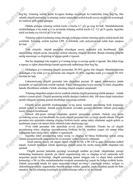 , tolani kattalashtirib chizish, lineykada buralgan tolaning uzunligini o‘lchash, kurvimetr yordamida uning haqiqiy uzunligini aniqlash yo‘llari bilan aniqlanadi. uning necha marta buralganligini sanash ham mumkin. tolaning pishganligi - uning sifat ko‘rsatkichlaridan biri bo‘lib, tola devorlarida sellyuloza qavatlarining paydo bo‘lish darajasiga qarab aniqlanadi. tolaning pishiqligi tuproq va iqlim sharoitiga, shuningdek, qo‘llaniladigan agrotexnik tadbirlarga, ekilgan navga qarab ma’lum darajada o‘zgaradi. tolaning lentasi kengligining uning kanali kengligiga nisbati tolaning pishganligini harakterlaydi. tolaning pishganligini aniqlash uchun tola maxsus mikroskop ostiga qo‘yiladi va tola pishish shkalasiga solishtiriladi. shkalada tolaning pishganligi 0 dan 5 gacha, 0,5 tadan qilib bo‘lib 11 ta gradatsiyada ko‘rsatiladi. shkalada o‘lik tolaning koeffitsienti 0,0, o‘ta pishgan tolaniki esa 5,0 deb qabul qilingan. yaxshi rivojlangan tolaning pishganlik koeffitsienti 2-2,5 raqami bilan ko‘rsatiladi. paxta tolasining pishganligini qutblangan yorug‘lik yordamida ham aniqlash mumkin. buning uchun polyaroid p-2 deb ataladigan maxsus moslama bilan har qanday mikroskopni ishlatish mumkin. tolalar polyaroid orqali qutblangan yorug‘likda qaralganda qizil rang …