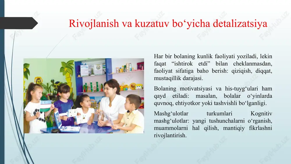 sitasi sifatida qaraladi. uning asosiy vazifalari: kundalik kuzatuv va baholash har bir bolaning kunlik faoliyatini batafsil yozish: qaysi mashg‘ulotda qiziqishi yuqori, qaysida diqqatini jamlay olmagan. bolaning hissiy holatini qayd qilish: quvonch, xavotir, g‘azab, tushkunlik kabi his-tuyg‘ulari. faoliyat turlari bilan bog‘liq tafsilotlar o‘yin mashg‘ulotlari: ijodiy o‘yinlar, rolli o‘yinlar, strategik o‘yinlar. kognitiv mashg‘ulotlar: mantiqiy muammolar, rang, shakl va raqamlarni tanish. jismoniy mashg‘ulotlar: muvozanat, tezlik, kuch va chidamlilikni rivojlantiruvchi o‘yinlar. bolalarning individual rivojlanishini aks ettirish kundalik kuzatuvda bolalarning qobiliyat va zaif tomonlari alohida qayd etiladi. tarbiyachi shaxsiy tavsiyalar yozadi, masalan: “bu bola mustaqil qaror qabul qilishni yaxshilashi kerak” yoki “rasm chizishga qiziqishi kuchli”. ota-ona bilan hamkorlik ish hujjatida bolalar rivojlanishi bo‘yicha ota-onaga beriladigan tavsiyalar va maslahatlar ko‘rsatiladi. bu ota-onani bolaga uy sharoitida ham yordam berish imkonini yaratadi. e’tiboringiz uchun raxmat image1.jpeg image2.jpeg image3.jpeg image4.jpeg image5.jpeg /docprops/thumbnail.jpeg