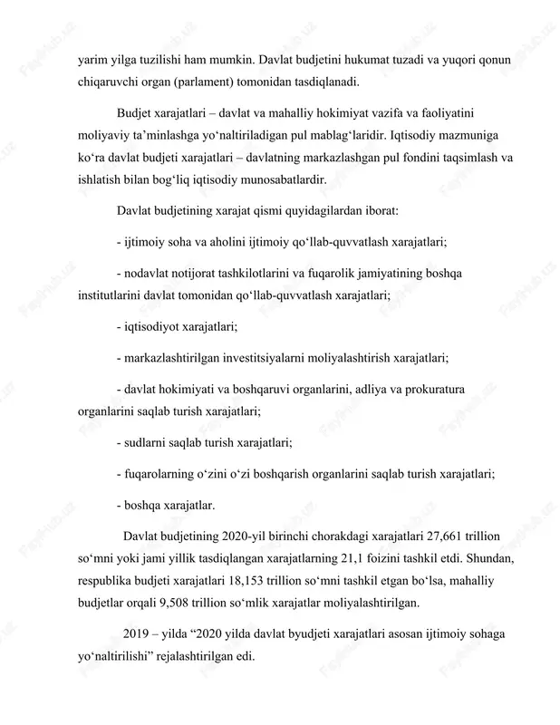 ing mos davriga nisbatan o‘sishi 18,5 foizni tashkil etdi. ijtimoiy xarajatlarning asosiy qismini tashkil etgan ta’lim tizimi muassasalarini saqlash va ularni rivojlantirish xarajatlariga davlat budjetidan 7,961 trillion so‘m mablag‘ ajratildi. shundan maktabgacha ta’lim muassasalarini saqlash xarajatlari uchun 1,426 trillion so‘m (o‘tgan yilning mos davriga nisbatan 450,5 milliard so‘m yoki qariyb 1,5 baravarga ko‘p), jumladan, oziq-ovqat sotib olish xarajatlariga 162,6 milliard so‘m (o‘tgan yilning shu davriga nisbatan 53,6 milliard so‘mga yoki 1,5 baravarga ko‘p) mablag‘lar ajratilgan. xususan, nodavlat maktabgacha ta’lim muassasalariga amalga oshirgan xarajatlarini qisman qoplash uchun 134,5 milliard so‘mlik subsidiyalar (2019-yil birinchi choragida 6,9 milliard so‘m) ajratilgan. ilm-fanni rivojlantirishga hisobot davrida 150,0 milliard so‘m yoki ijtimoiy sohaga ajratilgan mablag‘larning 1 foizi miqdorida mablag‘ ajratildi (2019-yil birinchi choragida — 0,3 foiz). byudjetga quyidagi moliyaviy funktsiyalar mos keladi: tarqatish- davlat va hududiy hokimiyat va boshqaruv darajasidagi markazlashtirilgan jamg'armalar fondini shakllantirish va undan foydalanish orqali namoyon bo'ladi; boshqaruv- tarqatuvchi bilan bir vaqtda harakat …