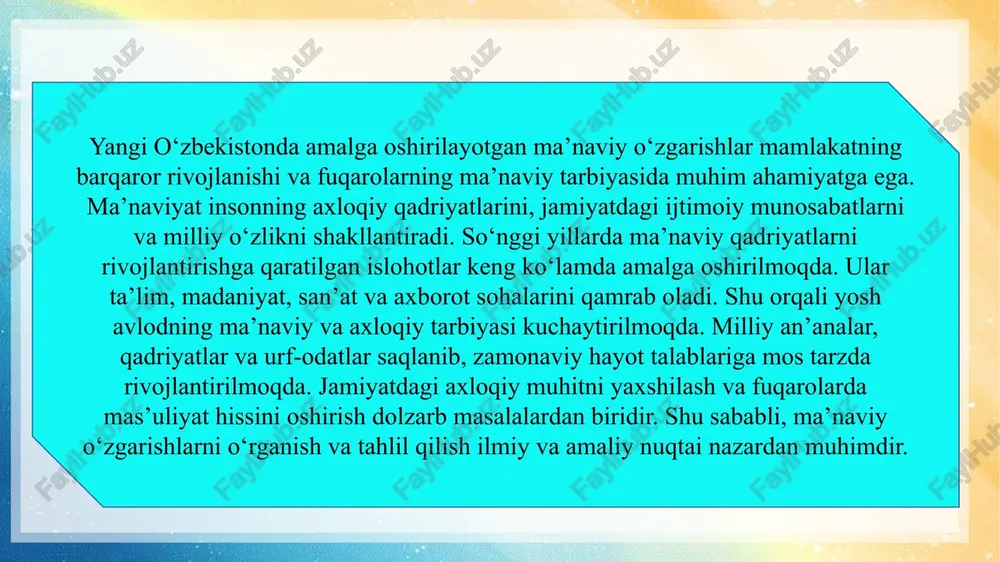 sni asrash orqali milliy o‘zlik va qadriyatlar mustahkamlanadi. natijada, madaniyat sohasidagi o‘zgarishlar jamiyatning ma’naviy rivojiga xizmat qiladi. ta’lim tizimida ma’naviy tarbiya va axloqiy qadriyatlarni joriy etish yangi o‘zbekiston siyosatining ustuvor yo‘nalishi hisoblanadi. maktab va oliy ta’lim muassasalarida axloqiy va ma’naviy darslar kiritilgan. o‘quv dasturlarida milliy qadriyatlar, ijtimoiy axloq va tarixiy voqealar o‘rgatiladi. pedagoglar yoshlarni mas’uliyatli, halol va vatanparvar bo‘lishga tarbiyalaydi. ta’lim muassasalarida madaniyat va san’at faoliyati kengaytiriladi. shu orqali yosh avlodning ma’naviy va axloqiy rivojlanishi ta’minlanadi. o‘quvchilar va talabalarda milliy qadriyatlarni qadrlash hissi shakllanadi. axloqiy tarbiya jamiyat barqarorligi va ijtimoiy uyg‘onish uchun muhim hisoblanadi. davlat ta’lim siyosati orqali bu jarayon tizimli va samarali bo‘ladi. natijada, ta’lim tizimi jamiyatning ma’naviy rivojiga xizmat qiladi. yosh avlodni ma’naviy va ma’rifiy tarbiyalashdagi yangi yondashuvlar yosh avlodni ma’naviy va ma’rifiy tarbiyalashda yangi yondashuvlar joriy etilmoqda. ular nafaqat bilimga, balki axloqiy qadriyatlar va ijtimoiy mas’uliyatga yo‘naltiriladi. ta’lim muassasalarida interaktiv va innovatsion metodlar qo‘llaniladi. madaniy va sport …