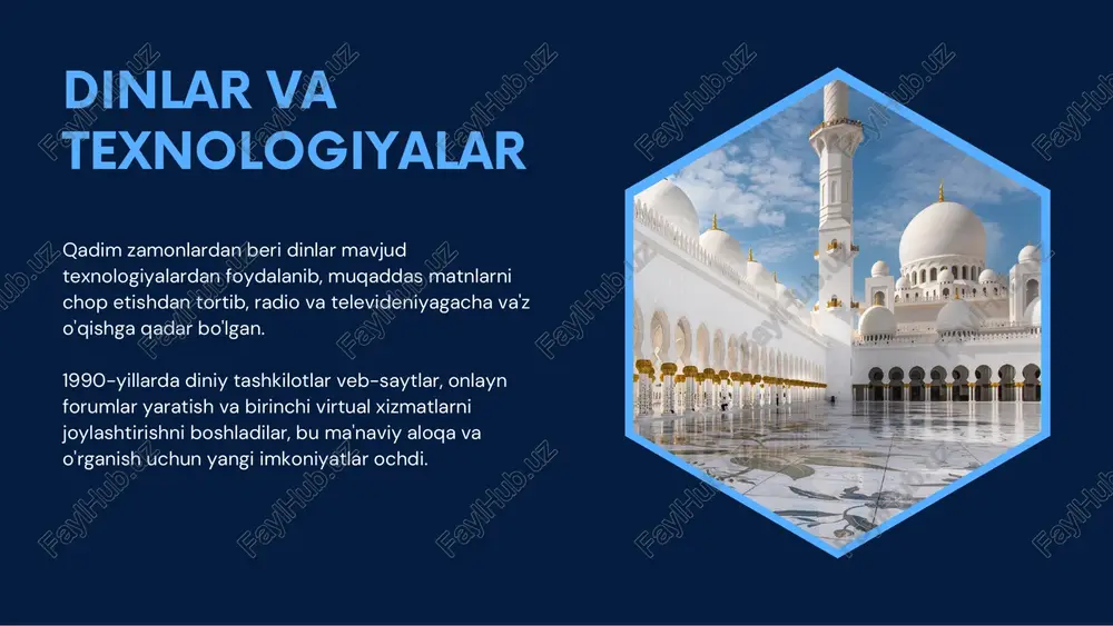 larga, ayniqsa pandemiyalar, inqirozlar yoki diniy markazlardan jismoniy masofada ruhiy hayot bilan bog'langanligini his qilishlariga yordam beradi. internet zamonaviy dunyoda diniy aloqalarni mustahkamlash va ma’naviy rivojlanish vositasiga aylandi. dinni tijoratlashtirish internetdagi diniy amaliyotlar ba'zan daromad manbaiga aylanadi, masalan, ibodat yoki ta'lim uchun pulli obuna. bu ma'naviy qiymatga putur etkazishi va moliyaviy tomonga e'tibor qaratishi mumkin. ekstremistik va radikal guruhlar internet ekstremistik g‘oyalarni tarqatish, radikallashuv va odamlarni yollash uchun platforma yaratadi. bunday guruhlar zo'ravonlikni targ'ib qilish uchun diniy dalillardan foydalanadi. jismoniy aloqa va an'analarni yo'qotish marosimlardagi shaxsiy ishtirokni virtual xizmatlar bilan almashtirish jamiyat hayotining ahamiyatini kamaytiradi. bu urf-odatlarning zaiflashishiga va diniy jamoaga mansublik tuyg'usiga olib kelishi mumkin. raqamli asrda ma'naviy qadriyatlarni saqlab qolish uchun ushbu masalalar diqqat bilan e'tiborni talab qiladi. salbiy jihatlar ishlar va misollar internetdan foydalanishning muvaffaqiyat hikoyalari - katolik cherkovi: rim papasi frensis twitter (@pontifex) dan millionlab izdoshlari bilan ruhiy xabarlarni tarqatish uchun faol foydalanadi. - buddizm: virtual …