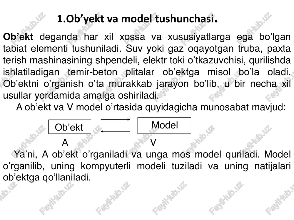 onli yoki grafik ko’rinishda natijalar olish hamda ularni tahlil qilish. • birinchi bosqichda qaralayotgan ob’ektning mexanik, biologik, geometrik va boshqa xususiyatlari hamda ular orasidagi bog’lanishlar batafsil o’rganiladi. ob’ekt xossa va xususiyatlariga qaysi omillar yetarlicha ta’sir etishi va qaysi omillar esa kam ta’sir etishi aniqlanadi. kam ta’sir etuvchi omillar modelda e’tiborga olinmaydi. • ob’ektning matematik modelini tuzishda shu ob’ektning asosiy xossa va xususiyatlari matematik munosabatlar yordamida yozib chiqiladi. boshqacha qilib aytganda, ob’ektni o’rganish jarayonida unga ta’sir etuvchi asosiy omillar matematik apparat(tenglama, tengsizlik, mantiqiy ifoda yoki ularning tizimlari) orqali ifodalanadi. • algoritm – berilgan masalani yechishda bajarilishi lozim bo’lgan amallarning qat’iy ketma-ketligidir. har bir masalaning yechish algoritmi bir necha minglab, hatto millionlab amallarni o’z ichiga oladi. • dastur tuzish bosqichida tanlangan yoki ishlab chiqilgan algoritm biror algoritmik til orqali ifodalanadi. masalani yechish uchun algoritmik til tanlanayotganda uning soddaligiga hamda imkoniyat darajasiga e’tibor berish kerak. • modellashtirishning oxirgi bosqichida, qaralayotgan ob’ektning boshlang’ich xossa …