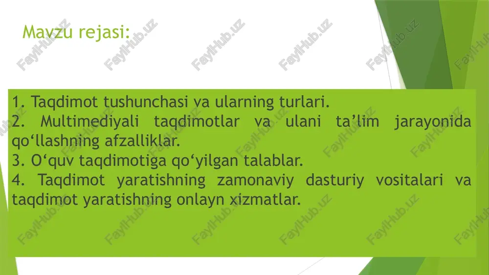 motni turli shaklda keltirish va tushinishni osonlashtirish. -grafik paketlar – turli grafik ilovalar ustida ishlash imkoniyatini beruvchi dasturlar. -musiqa tahrirlovchilar – musiqa fayllari ustida turli amallar bajarish. multimedia mahsulotlari yaratishga mo’ljallangan dasturlar sharhi - macromedia director – taqdimot va multimedia mahsulotlari yaratishga xizmat qiladi. ushbu dastur mmx-texnologiyalar bilan ishlaydi va tugmalar, slaydlar, klip va animatsiyalar bilan ishlashga imkon beradi. formula graphics multimedia system – interfaol rejimda ishlovchi multimedia dasturlarini tayyorlashni ta‘minlaydi. sanab o’tilgan dasturlar qimmat turadi, shuning uchun foydalanuvchilar orasida bular kam ishlatiladi. maktabda multimedia loyihalarni ishlab chiqish uchun nima qilish kerak, buning uchun keng imkoniyatlarga ega bo’lgan microsoft office dasturlaridan foydalanish etarli. agar loyihangizga ma‘lumotlar bazasi qo’shishni istasangiz, sizga access, animatsiya effektlari bilan taqdimot tayyorlashingiz uchun esa powerpoint dasturi kerak bo’ladi. microsoft power point dasturi axborotlarni turli ko’rinishlarda namoyish qilish imkoniyatini beruvchi dasturdir. bu dastur bir necha ish rejimiga ega bo’lib, axborotni oddiy yoki uning strukturasini ko’rish, unga turli …