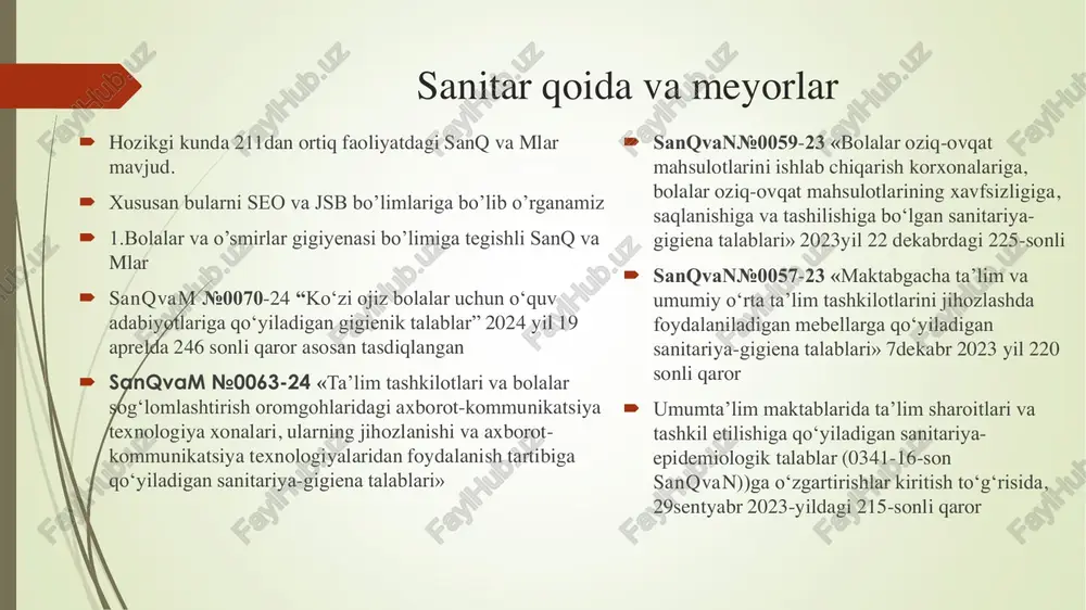 023 146-sonli  sanqvan№0039-22 «sut va sut mahsulotlarini ishlab chiqaruvchi korxonalarga qo‘yiladigan sanitariya- gigiena talablari» 11.01.2023 133-sonli ovqatlanish gigiyenasi bo‘limiga tegishli sanitar qoida va meyorlar  sanqvan №0037-22 “baliqni qayta ishlash korxonalari uchun sanitariya qoidalari” 07.12.2022 121-sonli sanqvan №0036-22 “go‘sht va go‘sht mahsulotlarini qayta ishlash korxonalariga qo‘yiladigan sanitariya- gigiena talablari” 07.12.2022 123-sonli sanqvan №0035-22 “dehqon bozorlariga qo‘yiladigan sanitariya-gigiena talablari” 05.12.2022 120-sonli sanqvan №0027-22 “umumiy ovqatlanish korxonalariga qo‘yiladigan sanitariya-gigiena talablari” 19.08.2022 104- sonli  sanqvan №0021-22 “o‘zbekiston respublikasi tibbiy-ijtimoiy xizmatlarni rivojlantirish agentligining tibbiy-ijtimoiy muassasalarida oziq-ovqat mahsulotlari iste’molining o‘rtacha kunlik me’yorlari va ovqatlanishni tashkil etishning gigienik talablari” 24.05.2022 87-sonli  sanqvan №0007-20 “o‘zbekiston respublikasi aholisining yoshiga, jinsiga va kasbiy faoliyati guruhlari uchun sog‘lom ovqatlanishni ta’minlashga qaratilgan o‘rtacha kunlik ratsional ovqatlanish me’yorlari” 25.12.2020g kommunal gigiyena bo‘limiga tegishli sanitar qoida va meyorlar  sanqvan№0084-24 «suvni tozalashda qo‘llaniladigan reagentlar, filtrlovchi materiallar va ion almashinuvchi qatronlar hamda sintetik polielektrolitlarga qo‘yiladigan sanitariya qoidalari, normalari va gigiena normativlari» …