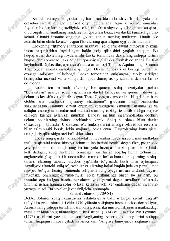 klangan va 1688-yilgi “shonli revolutsiya” (uilliam iii angliya qiroli va mary ii angliya qirolichasi bo’lgan) natijasida konstitutsiyaviy hokimiyat o’rnatilgan davrda yashagan. soliqqa keladigan bo’lsak, u haqida locke juda kam yozgan lekin ulkan ahamiyatga ega ma’lumotlarni qoldirgan. locke insonlar o’z kuchi va sayi harakati tufayli erishgan shaxsiy mol- mulkiga ega bo’lish huquqi borligiga ishongan. biroq ko’proq narsaga erishishga intilish tufayli iqtisodiyotda mutanosiblik buzilgan va pul munosabatlari rivojlanishi oqibatida turli kelishmovchiliklar yuzaga kelgan. odamlar bir jamiyatga birlashib yaxlit xalq hokimiyatini tashkil qilishgan. bundan asosiy maqsad kishilar o’z mol-mulklariga xavfsiz egalik qilishni ta’minlash bo’lgan. biroq bu birlashish odamlarga boshqaruvdagi katta kuch berilganini anglatgan va bu narsani locke davlatning noqonuniy shakli sifatida baholagan. bu “ijtimoiy shartnoma nazariyasi” sifatida tanilgan.unga ko’ra: shaxs jamiyatning barcha qarorlariga bo’ysunishga rozi bo’ladi, evaziga jamiyatga a’zo bo’lganlar uchun mol-mulk, erkinlik, sog’lik va hayot himoyasiga ega bo’lishgan. bu soliq majburiyatlarining paydo bo’lishiga olib keladi. “davlatning 2-hazinasi” asarida locke ,,oliy hokimiyat insonlarning …