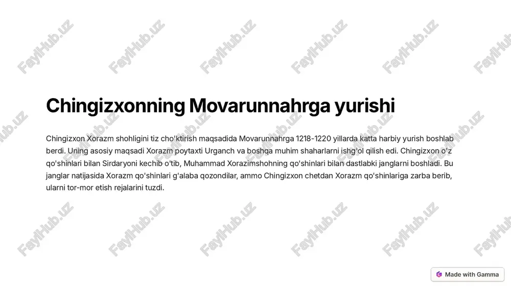 bo'ldi. ushbu jang chingizxon qo'shinlariga qattiq zarba berdi va ularni o'z rejalaridan voz kechishiga majbur qildi. https://gamma.app/?utm_source=made-with-gamma temur malik temur malik xorazm qo'shinlari orasida eng jasur va iqtidorli qo'mondonlardan biri edi. u muhammad xorazimshohning yaqin maslahatchisi va qo'l ostidagi o'tkir qo'mondonlardan biri sifatida tanilgan. temur malik chingizxon qo'shinlarining kuchli hujumlariga qarshi turish uchun ko'plab muvaffaqiyatli janglar olib bordi. uning jasorati va harbiy mahorati xorazm qo'shinlarini rag'batlantirish, ularning ruhini ko'taring va mamlakatni himoya qilishda muhim rol o'ynadi. https://gamma.app/?utm_source=made-with-gamma muhammad xorazimshohning so'nggi farmoni chingizxonning kuchli bosqinlari natijasida qo'shinlari tor-mor etilgach, muhammad xorazimshoh oxir-oqibat qochishga majbur bo'ladi. u o'z so'nggi farmonida xorazm qo'shinlariga dushmanga qarshi shiddat bilan kurashish va xorazmni himoya qilish buyrug'ini beradi. ammo bu qat'iy buyruq xorazm qo'shinlarining barcha kuchlarini sarflashiga olib keldi va ular chingizxon qo'shinlari oldida ojiz qolishdi. natijada, muhammad xorazimshoh mamlakatni himoya qila olmay, o'z-o'zini nobud etishga majbur bo'ldi. https://gamma.app/?utm_source=made-with-gamma urganch mudofaasi xorazm qo'shinlari oxirgi marta xorazm poytaxti …
