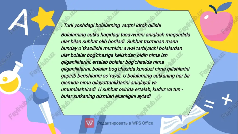 larni almashtirib turadi. bolalar tartib bilan sanashni, hafta kunlarini tartib bilan aytishni o`rganib olganlaridan keyin kunni tartib nomeri bilan bog’laydilar. hafta kunlarining izchilligi haqidagi bilimlarni mustahkamlash uchun "hafta kunlari" so`zli didaktik o`yindan foydalanish mumkin. hafta kunlarining alamashinishini kuzatib borish bolalarda takrorli vaqtning o`zgaruvchanligi haqida tushuncha hosil bo`lishiga uning ketidan hafta kelishini ochib berishga imkon yaratadi. b = + katta guruh bolalari ana shu yuqoridagi vaqt tushunchalaridan tashqari kunlarning nomlarini (ya'ni yakshanba, dushanba, seshanba, chorshanba, payshanba, juma, shanba) ham yaxshi o’zlashtirib, «hafta», «oy» va hatto ba'zan «yil» kabi murakkab vaqt tushunchalaridan ham foydalana oladigan bo’ladilar. tevarak-atrofdagi narsalar o’rtasida mavjud bo’lgan fazoviy munosabatlarni (baland, past, katta, kichik kabi) to’g’ri idrok qilishda bolalarning atrofdagi turli-tuman narsalar bilan bevosita munosabatda bo’lishlari katta rol o’ynasa, vaqt munosabatlarini to’g’ri idrok qilishda vaqt o’lchovlarini ifodalovchi so’zlarning ko’proq ishlatilishi muhimroq. shuning uchun bolalar bilan o’tkaziladigan mashg’ulotlarda, suhbatlarda, hikoyalar o’qib berishda bolalar so’z boyligida hozirgacha yo’q bo’lgan vaqt o’lchovlariga …