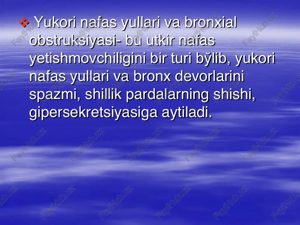 kullarshitirokida ekspirator tarzda entikish (yoki aralash) kukurak kafasi emfizematoz xolatda va kovurgalar aro muskullar kengaygan  tukillatganda kutichasimon tovush  auskultatsiyada dagal nafas asosida nafas chikarilganda xushtaksimon kuruk xirillashlar  bos ogirligi nafas yetishmovchilik darajalariga karab baxolanadi.  bos klinik simptomlari virusli infeksiyalar (adenovirus, paragripp) yana mikoplazam va xlamidiya infeksiyalar natijasida rivojlanadi.  obstruktiv bronxit tana xaroratini kutarilishi, intoksikatsiya va kataral kurinish bilan boshlanadi. bos kasallikni 3-5 kunlari boshlanadi. òtkir bronxiolit  bu terminal bronx va bronxiolalarning yalliglanib shishi bilan kechuvchi kasallik bulib, virusli etiologiyaga xos. asosan 6 oygacha bulgan bolalar ogriydi. klinik kurinishi nafas yetishmovchiligini ii-iii darajalar kurinishida bronxiolitning bronxoobstruktiv sindrom axamiyati:  upkani auskultativ eshtib kurilganda mayda pufakchali nam xirillashlar upkani xamma yerida subkripitiruyuushiy xirillash eshitiladi, emfizemani yakkol kurinishini bildiradi. kiyosiy tashxislash ikki tomonlama pnevmoniya bilan kilinadi  rentgenologik tekshiruvda upka kengaygan, upka rasmlari kuchaygan. kovurgalar orasi kengaygan shoshilinch yordam  ótkir obstruktiv bronxit va bronxiolit bolalarda kilinadi: …