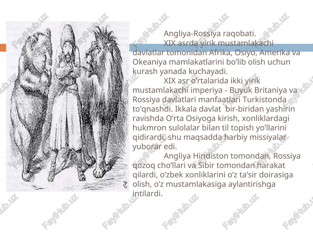 3-fevralda kaufman bilan xudayorxon o`rtasida shartnoma tuzildi. xonlikning istilochilar bosib olgan hududlari rossiya tasarrufiga o’tganligi e’tirof etilgan edi. rossiya savdogarlariga qo’qon xonligining barcha hududlarida hechqanday moneliksiz faoliyat yuritish, karvonsaroylarga ega bo’lish huquqi berilgan edi. 1876-yil fevral oyida qoqon xonligi tugatildi xiva xonligi buxoro amirligi 1873-yil 12- avgustda kaufman bilan muhammad rahmxon o`rtasida gandimiyom shartnomasi tuzildi. shartnomaga muvofiq xiva xonligi rossiyaning vassaliga aylantirildi. amudaryo quyi oqimining o’ng tomonidagi yerla r rossiya imperiyasi tarkibiga kiritildi, xonlikka oltin hisobida 2 million 200 ming so’m tovon to’lash yuklatildi. rossiya savdo-sanoatchilari xiva xonligida bojsiz savdo qilish, xonlik hududida yer olish, sanoan korxonalari qurish xuquqini oldi. xon o’zini rossiya podshohining itoatkor xizmatkori, deb tan olishga majbur bo’ldi. rassiya imperiyasining turkistonni bosip olishining natijalari mustamlakachilarining iqtisodiy siyosati va amaliyoti. turkistonni paxta xomashyosi etishtiradigan bazaga aylantirish rossiya agrar siyosatining bosh maqsadi, deb belgilandi. 1885-1916 - yillarda paxta ekiladigan yer maydoni 40 ming tanobdan 550 ming tanobga ko’paydi. turkiston …