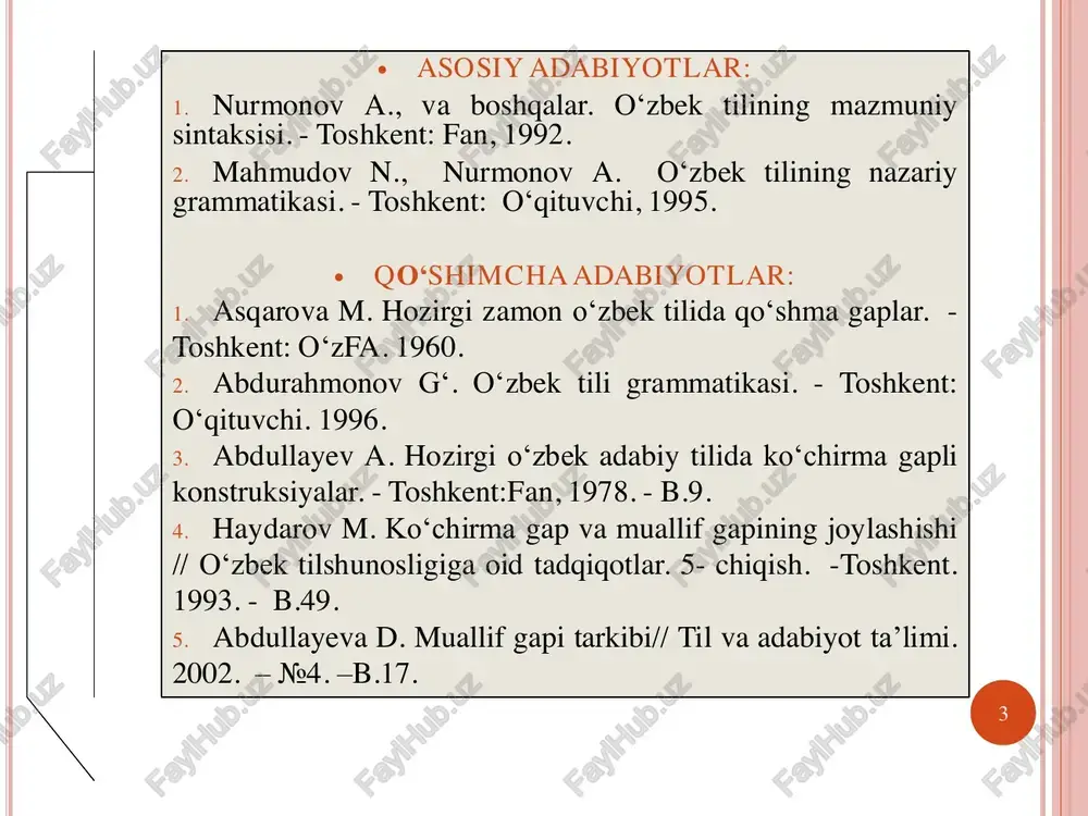 i sodda gaplardan tuziladi. ko‘chirma gap kesimi fe’l va ot-kesim shaklida, muallif gapi kesimi doim fe’l-kesim shaklida bo‘ladi. •muallif gapining kesimi, asosan, ayt- moq, gapirmoq, demoq, jabob ber- moq, to‘ng‘illamoq kabi nutq fe’llari- dan tashkil topadi. ko‘chirma gapda hali ifoda etilma- gan, o‘ylangan fikr ifodalanganda muallif gapi kesimi deb o‘yladi, dedi ichida, dedi o‘ziga- o‘zi birikmalari bi- lan ifodalanadi. ko‘chirma gapli qurilmalarning sintaktik tuzilishi 9 1. ko‘chirma gap muallif gapidan oldin keladi: “k.g.”, - m.g. masalan: “qalay, rais ko‘zini ochdimi?” - deb so‘radi qamchi. (h.g‘.) 2. ko‘chirma gap muallif gapidan keyin keladi: m.g: -“k.g.” masalan: kanizak o‘ychan javob berdi: “moskvaga borsam...” (a.q.) 3. ko‘chirma gap muallif gapining o‘rtasida keladi. m.g: “k.g.”,- m.g. masalan: u cholni quchoqlab: “sizni yaxshi bilaman, ota”, - dedi. 4. muallif gapi ko‘chir- ma gapning o‘rtasida keladi. “k.g, - m.g, - k.g.” masalan: “albatta, bora- miz, - dedi u, - bormasak bo‘lmasov”. ko‘chirma gap va muallif gapining …