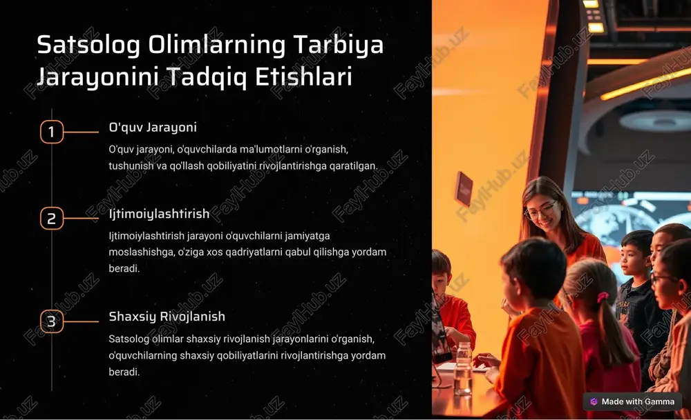 ejasini ishlab chiqish o'quv rejasini satsologik tamoyillarga asoslangan holda ishlab chiqish, o'quvchilarning qiziqishini oshirishga qaratilgan. 2 o'qituvchilarning malakasini oshirish o'qituvchilarga satsologik yondashuv tamoyillari bo'yicha malaka oshirish kurslarini o'tkazish. 3 tadqiqotlarni amalga oshirish tarbiya sohasida satsologik tadqiqotlarni amalga oshirish, samaradorlikni oshirishga va muammolarni hal qilishga yordam beradi. https://gamma.app/?utm_source=made-with-gamma yakuniy xulosalar va istiqbollar satsologik yondashuv tarbiya sohasida muhim rol o'ynaydi. satsolog olimlarning ilmiy taraqqiyoti zamonaviy tarbiya tizimini takomillashtirish va o'quvchilarning rivojlanishini ta'minlashga yordam beradi. https://gamma.app/?utm_source=made-with-gamma