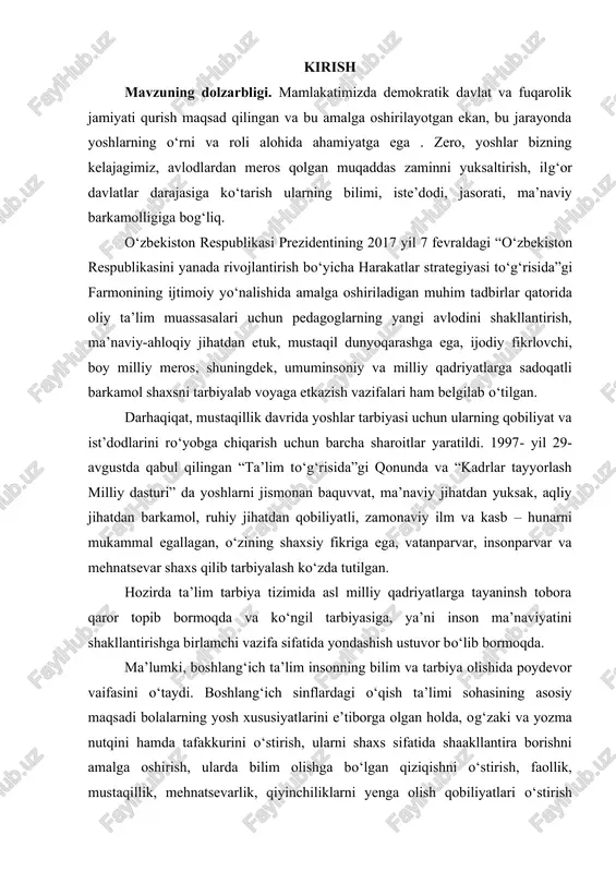 utqiga nisbatan ehtiyotkorlik tuyg'usini shakllantirish o‘qish mashg'ulotlarining asosiy vazifasi sanaladi. ii – bob. boshlang‘ich sinf o‘qish darslarida sinfdan tashqari o‘qitish 1.1. sinfdan tashqari o‘qishning maqsad va vazifalari maktab o‘quvchini o‘qish malakasi bilan qurollantirish bilan bir qatorda kitobni mustaqil o‘qiy oladigan, uni tushunadigan, ma’lum bir mavzuga oid kitoblarni tanlay oladigan, gazeta va jurnallarni ham mustaqil o‘qiydigan faol kitobxonni tarbiyalaydi. shu jihatdan sinfdan tashqari o‘qish (sinfdan tashqari o‘qitish) tarbiyaning asosiy quroli sifatida xizmat qiladi, ko‘p narsani bilishga havasni orttiradi. sinfdan tashqari o‘qitishning maqsadi o‘qish malakalarini takomillashtirish, kitob tanlay oladigan, muntazam kitob o‘qiydigan, o‘qilgan kitobni to‘g‘ri baholay oladigan ongli kitobxonni tarbiyalashdir. maktablarda 1959 yildan boshlab maxsus sinfdan tashqari o‘qitish darslari tashkil etilgan. bunday darslar 1-2-sinfda haftada 1 marta, 3-4-sinfda 2 haftada 1 marta o‘tkazilib kelindi. hozirgi dasturga ko‘ra, bunday darslar 1-4-sinflarda 2 haftada bir marta o‘tkaziladi. savod o‘rgatish jarayonida esa haftadagi oxirgi alifbe darsining 17-20 daqiqasi ajratiladi. sinfdan tashqari o‘qish o‘quv dasturi bilan …