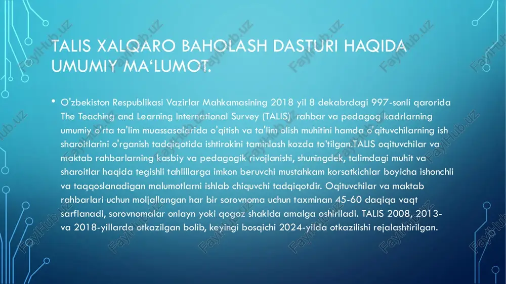 sabatlar zaif ijobiy. oqituvchilar maqomi yuqori bolgan kop mamlakatlarda, shu jumladan xitoy, malayziya, hindiston va indoneziyada oqituvchilarning maoshi shunga qaramay past darajada qolmoqda. xuddi shunday, oqituvchilar maqomi nisbatan past bolgan kop mamlakatlarda (ispaniya, germaniya) oqituvchilar maoshi nisbatan yuqori. shuningdek, oqituvchilarga bolgan hurmat qanchalik baland bolsa, ota -ona bolasini oqituvchilik kasbiga undashi ehtimoli shunchalik yuqori ekanligi aniqlandi. shunga qaramay, tadqiqotchilarning fikricha, oquvchilarning yuqori natijalariga erishish uchun yuqori maosh ham, yuqori oqituvchi maqomi ham zarur.talis tadqiqotida ishtirokchi mamlakatlar uchun umumiy tavsiyalarmalaka oshirish kurslari koproq maktablardagi amaldagi jarayonni orgatishga qaratilib, birorbir tayanch maktabning bazasida olib borilishi kerak. • talis (teaching and learning international survey) tadqiqotida maktablar va oqituvchilarni tanlab olish jarayoni juda muhim bosqich hisoblanadi. ushbu jarayon tadqiqot natijalarining ishonchliligi va har bir ishtirokchi davlat talim tizimini adolatli tarzda taqqoslash imkonini beradi.maktablarni tanlab olish jarayoni:1. vakillik namunasini tanlash: talis tadqiqotiga kiritiladigan maktablar har bir davlatning umumiy ta'lim muassasalari tizimini ishonchli tarzda aks ettirishi …