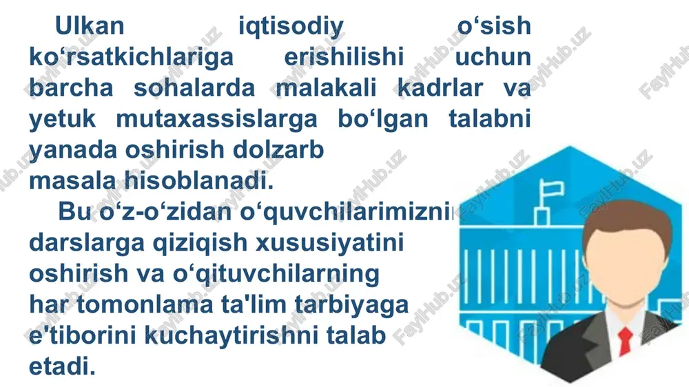 uchun rahmat! slayd nomer 1 talis tadqiqoti slayd nomer 3 slayd nomer 4 slayd nomer 5 slayd nomer 6 slayd nomer 7 slayd nomer 8 tadqiqot obyekti slayd nomer 10 slayd nomer 11 *ma'muriy vazifalar va yig‘ilishlar (qoidalar va qoidalarni ishlab chiqish, hisobot, maktab byudjeti, dars jadvali, sinflarni shakllantirish, rasmiylarning so‘rovlariga javob berish, ta'limni boshqarish);��*boshqaruv vazifalari va uchrashuvlar (strategik rejalashtirish, menejment, maktabni takomillashtirish rejasini shakllantirish, xodimlar bilan ta'minlash kabi tadbirlar xodimlarni yollash kabi savollar); *o‘quv rejasi va o‘qitish bilan bog‘liq vazifalar va uchrashuvlar (ishlab chiqish, o‘quv rejasi, dars berish, o‘qituvchilarni kuzatish, baholash, o‘quvchilar, murabbiylik, o‘qituvchilar malakasini oshirish);��*o‘quvchilar bilan o‘zaro aloqalar (maslahat va ishga bog‘liq bo‘lmagan suhbatlar, o‘quv faoliyati va intizom masalalarini hal qilish); *ota-onalar / vasiylar bilan o‘zaro munosabat;���*mahalliy va mintaqaviy hamjamiyatlar bilan o‘zaro aloqalar, tadbirkorlar, biznes va sanoat korxonalari vakillari;��� *boshqa ishlari. slayd nomer 15 slayd nomer 16 slayd nomer 17 *ta'lim berish;�*shaxsiy rejalashtirish yoki darslarga tayyorgarlik;�*o‘quvchilar ishini ko‘rib …