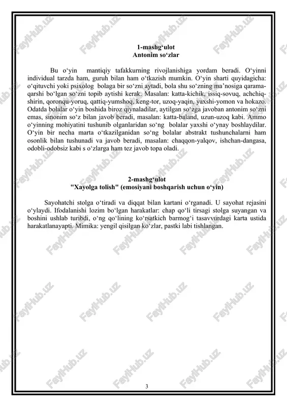 tafakkurning rivojlanishiga yordam beradi. o‘yin sharti quyidagicha: psixolog bolaga bir guruhga mansub uchta yoki to‘rtta predmet nomini aytadi, bola bu predmetlarning umumiy nomini aytishi kerak, masalan: ot, sigir, qo‘y, it - uy hayvonlari; tarvuz, handalak, qovun, qovoq – poliz ekinlari; karam, pomidor, kartoshka, piyoz – sabzavotlar; oy, quyosh, yulduzlar - osmon jismlari va shu kabilar. 5-mashg‘ulot bola ushbu chiziqlarni birlashtirib chiqishi lozim. 6-mashg‘ulot to‘rtinchisi ortiqcha bu o‘yin ham rasmlarsiz o‘ynaladi. bolaga bir guruhga kiruvchi uchta predmet va boshqa guruhga mansub bitta predmet nomi aytiladi. masalan, atirgul, boychechak, binafsha, qo‘ziqorin. bola ular orasidan ortiqchasini aytganidan so‘ng undan fikrini asoslab berishi so‘ralishi kerak. bu o‘yinlar bolaning tafakkuri rivojlanishiga yordam berish bilan birga nutqning o‘sishiga ham yordam beradi. o‘yin-mashg‘ulotlar individual tarzda o‘tkazilsa ham yaxshi samara beradi, guruhda musobaqa ko‘rinishida o‘tkazilsa bolalarning qiziqishi yanada ortadi. 7-mashg‘ulot "ha va yo‘q" (huquq va burchni muvofiq anglanilishi uchun mashg‘ulot) ko‘rsatma: oramizda kimning diqqatini yaxshiligini aniqlashga qarakat qilamiz. …