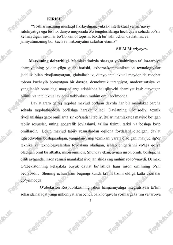 ika o’qitishning sifatini oshirish bilan birga o’quvchilarning tafakkuri va shaxsiy sifatlarini, matematik savodxonligini shakllantirish hamda ijodiy qobiliyatlarini o’stirish masalalari belgilab berilgan. dastur matematik tushunchalarning hayotiy materiallar asosida o’zlashtirilishi lozim bo’lgan tushuncha va qoidalar amaliyotga xizmat qilishini, hayotiy materiallar asosida o’quvchilarga yetkazib berish imkonini beradi. shu bilan bir qatorda, fan va amaliyot o’rtasidagi aloqalarni to’g’ri tushunishga asos yaratadi. o’rta maktab ta’lim tizimini isloh qilish jadal sur’atlar bilan olib borilayotgan hozirgi davrda maktab matematikasini mazmuni jihatdan ko’rib chiqish zamon talabi bo’lib, o’quvchilarning bilim va malakalarini jahon talablari darajasida bo’lishi talab qilinadi. buning uchun esa boshlang’ich sinfdanoq har tomonlama yetuk insonlar tayyorlashga harakatni boshlash lozim. bunda esa dars jarayonlarida zamonaviy kompyuter texnologiyalaridan foydalanish zarurdir. barchamizga ma’lumki, matematika fani insonning aqlini o’stiradi, uning diqqatini rivojlantiradi, ko’zlangan maqsadga erishish uchun o’zida qat’iyat va irodani tarbiyalaydi, o’zidagi algoritmik tarzdagi tartib-intizomlilikni ta’minlaydi va eng muhimi, uning tafakkurini kengaytiradi. birinchi prezidentimiz ta’kidlab o’tganlaridek: ,,...chuqur tahlil, mantiqqa asoslanmagan fikr …