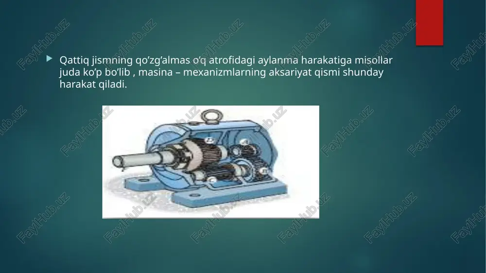 kka 2. x o’qining yangi holati atrofida burchakka 3. atrofida ψ burchakka .bu burchaklarni qo’llash uchun birinchi navbatda qattiq jism burchak tezligini ular orqali ifodalab olish kerak. burchak tezlikning qo’zg’aluvchan ( )sistemadagi komponentalarini ω = {} , buralgan koordinatalardagi komponentalarini esa ω ={ , } deb belgilab olamiz .rasmdan ko’rinib turibdiki , o’qi atrofidagi aylanish burchak tezligi , - on o’qi atrofidagi aylanish burchak tezligi , - o’qi atrofidagi aylanish burchak tezligi. mana shu burchak tezliklariga mos keluvchi vektorlarni kata harflar bilan belgilaymiz θ ,ψ. demak , o’qi bo’yicha yo’nalgan va son qiymati ga teng bo’lgan vektor , θ – on o’qi bo’yicha yo’nalgan va son qiymati ga teng bo’lgan vector , ψ - bo’yicha yo’nalgan va son qiymati ψ ga teng bo’lgan vector . ularning har birining ( ) o’qlariga bo’lgan proyeksiyalarini rasmda topib olish qiyin emas: = image6.jpg image7.jpg image8.jpg image9.jpg image10.png image11.png image12.png image13.png image10.jpg image11.jpg image16.png …