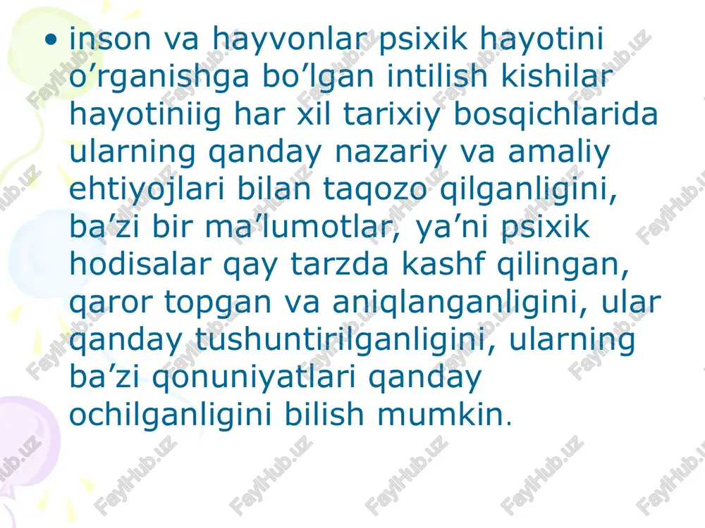 ish, ruhni izohiy printsip deb, uning faoliyat doirasini nihoyatda cheklab qo’ygan. ongni psixologiyaning predmeti sifatida talqin qilish va psixikaning ongli qismini tadqiqot ob’yektiga aylantirib, bir vaqtning o’zida ong, ong ham predmet, ham izohiy printsip bo’lib xizmat qilgan. psixologiya tarixida ikkita katta davr ajratiladi. birinchisi - psixologiyaning falsafa, boshqa tibbiy, ilmiy fanlar tarkibidagi taraqqiyoti, ikkinchisi - mustaqil fan sifatidagi taraqqiyoti. vaqt bo’yicha olganda birinchisi eramizgacha vi asrdan eramizning xix asrining o’rtalarigacha davom etib 2,5 ming yildan ortiq vaqtni o’z ichiga olsa, ikkinchi davr 1,5 asr mobaynida davom etib kelmoqda. har ikkala katta davrning haqiqatga yaqin ekanligiga shubha qilmagan holda, har bir davrni yana mayda davrlarga bo’lib chiqish mumkin. xronologiyaga ko’ra xviii asr, xix asr va xx asrlar psixologiyasi, geografik joy o’rniga ko’ra masalan: meksika, angliya, frantsiya psixologiyalari kabi. psixologiyaning falsafa tarkibidagi taraqqiyoti: > eramizgacha vi asrdan eramizning v asrigacha. psixika haqidagi dastlabki ilmiy tasavvurlarining paydo bo’lishi va ularning dastlabki taraqqiyoti. > …