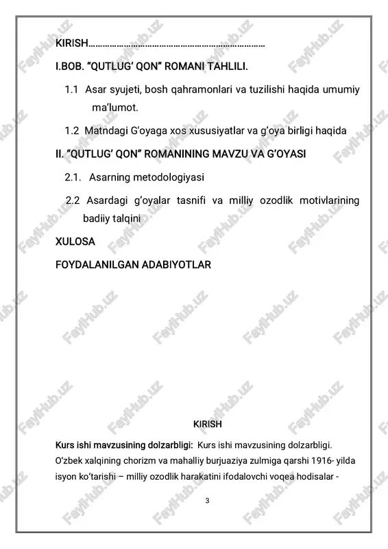 di. oybek xarakterlar o‘sishi va shakllanishini o‘tkir qarama-qarshiliklar kurashining natijasi sifatida beradi. demak, «qutlug‘ qon»da harakterlar ta’sirida muallifni asosan ikki masala bo‘lib qahramonlarning xarakterlarida yuz bergan yangi sifat o‘zgarishlari; ikkinchisi – oqibat natijasida qahramonlarning xarakterlaridagi o‘zgarishlarni vujudga keltiradigan qarama-qarshi kuchlar kurashidir. abdurauf fitrat ta’kidlaganidek, “adabiyot – fikr, tuyg‘ularimizdagi to‘lqinlarni so‘zlar, gaplar yordami bilan tasvir qilib, boshqalarda ham xuddi shu to‘lqinlarni yaratmoqdir.”5 kurs ishining maqsadi. oybek qalamiga mansub “qutlug’ qon” romanining mavzusi va asarda qanday g’oyalar aks etganini o’rganib tahlil qilish va ochib berish. kurs ishining asosiy vazifalari: mavzu va g’oyaga xos xususiyatlarni o’rganish; “qutlug’ qon” romanining metodologiyasi va g’oyalar tasnifini o’rganish; “qutlug’ qon” romanini tahlil qilish orqali mavzu va g’oyalarini ochib berish. kurs ishining obyekti. oybekning “qutlug’ qon” romani, adabiyotshunoslik nazariyasiga oid darsliklar, “qutlug’ qon” romaniga yozilgan taqrizlar tadqiqot manbai hisoblanadi. kurs ishining tuzilishi va hajmi. kurs ishi kirish, uch bob, umumiy xulosalar va foydalanilgan adabiyotlar ro’yxatidan iborat 6 i.bob. …