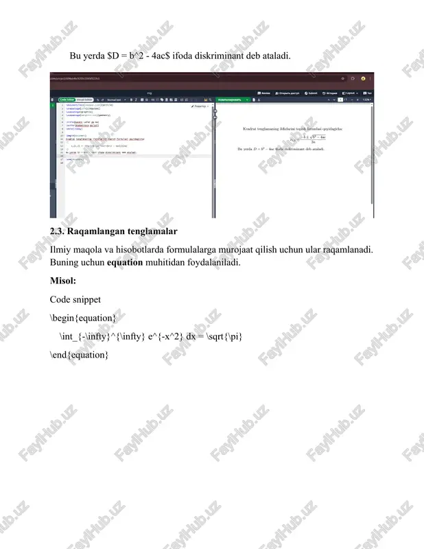 aruvchilardan farqli ravishda tik (roman) shriftda yozilishi kerak. latex buning uchun maxsus buyruqlarni taqdim etadi: \sin, \cos, \tan, \log, \ln, \lim. misol: code snippet to'g'ri: \[ \lim_{x \to 0} \frac{\sin x}{x} = 1 \] noto'g'ri: \[ lim_{x \to 0} \frac{sin x}{x} = 1 \] (bu yerda 'lim' va 'sin' o'zgaruvchilar kabi kursivda yoziladi) 4. murakkab matematik strukturalar 4.1. ko'p qatorli tenglamalarni tekislash (align) bir nechta tenglamalarni yoki bitta uzun tenglamaning qismlarini ma'lum bir belgi (odatda =) bo'yicha tekislash uchun align muhiti ishlatiladi. tekislash nuqtasi & belgisi bilan ko'rsatiladi. misol: code snippet \begin{align} f(x) &= (x+y)(x-y) \\ &= x^2 - xy + yx - y^2 \\ &= x^2 - y^2 \end{align} har bir qator avtomatik ravishda raqamlanadi. 4.2. shartli tenglamalar (cases muhiti) qismli-aniqlangan funksiyalarni yozish uchun cases muhiti juda qulay. misol: code snippet \[ |x| = \begin{cases} x, & \text{agar } x \geq 0 \\ -x, & \text{agar } x < …