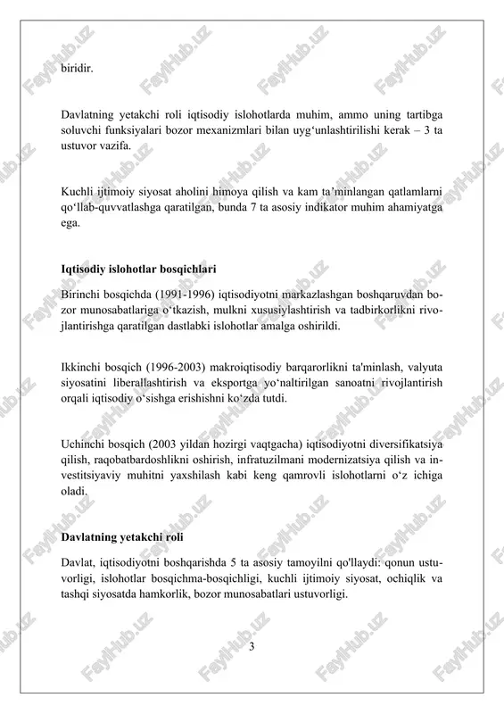 takomillashtirilib, 2019-yildagi o‘zgartirishlar bilan mulkdorlarga kompensatsiya to‘lash tartibi soddalashtirildi, moliyaviy jarayonlar tezlashtirildi. investitsiya muhitini yaxshilash xorijiy investitsiyalarni jalb qilish uchun soliq imtiyozlari va preferensiyalar tizimini takomillashtirish, 2024-yilda qoʻshimcha chora-tadbirlar koʻrilmoqda, bu esa investitsiya muhitini yanada yaxshilashga qaratilgan. davlat-xususiy sheriklik loyihalarini rivojlantirish, ayniqsa infratuzilma sohasida, xalqaro standartlarga muvofiq huquqiy bazani mustahkamlash orqali 2023-yilga nisbatan sezilarli o'sish kuzatildi. investorlar huquqlarini himoya qilish mexanizmlarini kuchaytirish, jumladan, sud tizimini isloh qilish va arbitraj tartiblarini soddalashtirish orqali 2025-yilga borib ishonchni oshirish va investitsiyalarni ko'paytirish maqsad qilingan. tashqi iqtisodiy faoliyatni liberallashtirish 1996-yilda valyuta ayirboshlash kursini liberallashtirish, eksport-import operatsiyalarida davlat monopoliyasini bekor qilish tashqi iqtisodiy faoliyatning muhim bosqichi bo'ldi. 2003-yildan boshlab eksport shartnomalarini ro'yxatdan o'tkazish tartibi soddalashtirildi va eksport bojxona rasmiylashtiruvi uchun xarajatlar 2 barobarga kamaytirildi. tashqi savdoni liberallashtirish doirasida 160 dan ortiq tovarlar va xizmatlarga import bojxona to'lovlari bekor qilindi, bu esa raqobatbardoshlikni oshirishga yordam berdi. sanoatni diversifikatsiya qilish va modernizatsiya qilish sanoatni diversifikatsiya qilishda 16 …