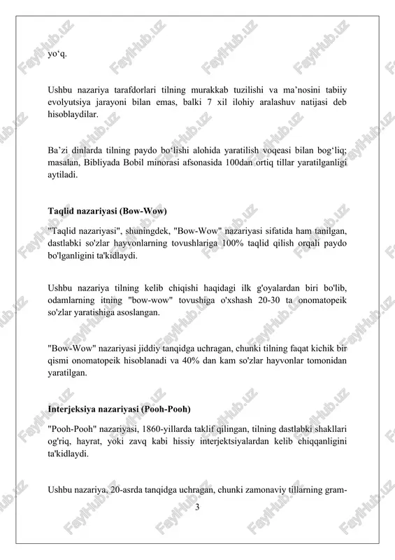 bo'lishi mumkin. tovush simvolizmi tovushlar ma'noga ega ekanligini ko'rsatadi, misol uchun, 20 dan ortiq tadqiqotlar shuni ko'rsatdiki, kichik tovushlar kichik narsalar bilan bog'liq, katta tovushlar esa katta narsalar bilan bog'liq. ko'plab tillarda 'i' unlisi kichiklikni ifodalaydi, 'a' unlisi kattalikni ifodalaydi. bu 50 ga yaqin tovush simvolizmi namunalaridan biridir va tilning paydo bo'lishida katta rol o'ynagan deb taxmin qilinadi. tana tili va imo-ishoralar "tana tili va imo-ishoralar 700,000 yil oldin paydo bo'lgan bo'lishi mumkin, bu esa dastlabki hominidlar uchun asosiy aloqa usuli bo'lgan, keyinroq esa nutq rivojlangan." "mimika va qo'l harakatlari kabi imo-ishoralar ma'nolarini ifodalashda muhim rol o'ynaydi; tadqiqotlar shuni ko'rsatadiki, ularning birgalikdagi ishlatilishi 60 foizgacha muloqotni tashkil qiladi." "tana tili va imo-ishoralarning universal jihatlari mavjud, masalan, tabassum baxtni ifodalaydi, ammo madaniy farqlar mavjud, bu esa noto'g'ri talqin qilinishiga olib kelishi mumkin, ayniqsa 2 tomonga uzoqdan gaplashganda." og'iz bo'shlig'i jestlari nazariyasi og'iz bo'shlig'i imo-ishoralari nazariyasi imo-ishoralarning, xususan, yuz va og'iz harakatlarining …