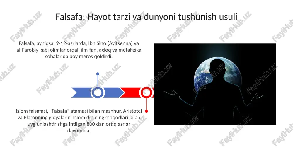 atonning ideal shakllar nazariyasini tasvirlash. falsafa va fan: dunyoni ilmiy tushunish falsafa va fan o'rtasidagi munosabatlar xvii-xviii asrlarda ilm-fanning rivojlanishi bilan mustahkamlandi, bu davrda empirik kuzatuvlar va tajribalar muhim ahamiyatga ega edi. ilmiy dunyoqarash, falsafiy tafakkurning rivojlanishiga ta'sir ko'rsatib, obyektiv qonuniyatlarni aniqlashga qaratilgan bo'lib, 19-20-asrlarda sezilarli o'sishga erishdi. falsafa va din: ma'naviy izlanishlar “falsafa va din: ma'naviy izlanishlar” mavzusi falsafa va dinning ma'naviy izlanishlardagi 2 ta asosiy yondashuvini o'rganadi, ularning 3 ta muhim farqini ko'rsatadi. ushbu mavzu insoniyatning ma'naviy ehtiyojlarini qondirishda 4 ta asosiy falsafiy va diniy maktabning rolini tahlil qiladi, ularning 5 ta asosiy g'oyasini taqqoslaydi. falsafiy savollar: hayotning ma'nosi, o'lim, erkinlik o'lim falsafasi, ayniqsa stoiklar, uni tabiiy jarayon sifatida qabul qilishni va o'limdan qo'rqmaslikni, hayotning har bir lahzasini 100% qadrlashni targ'ib qiladi. hayotning ma'nosi masalasi ko'pincha 4 ta asosiy yondashuvga ega: nigilizm (ma'nosizlik), hedonizm (rohat), absonizm (befarq) va maqsadga yo'naltirilgan yashash. falsafani o'rganishning foydalari falsafiy o'rganish etik kodekslar, …